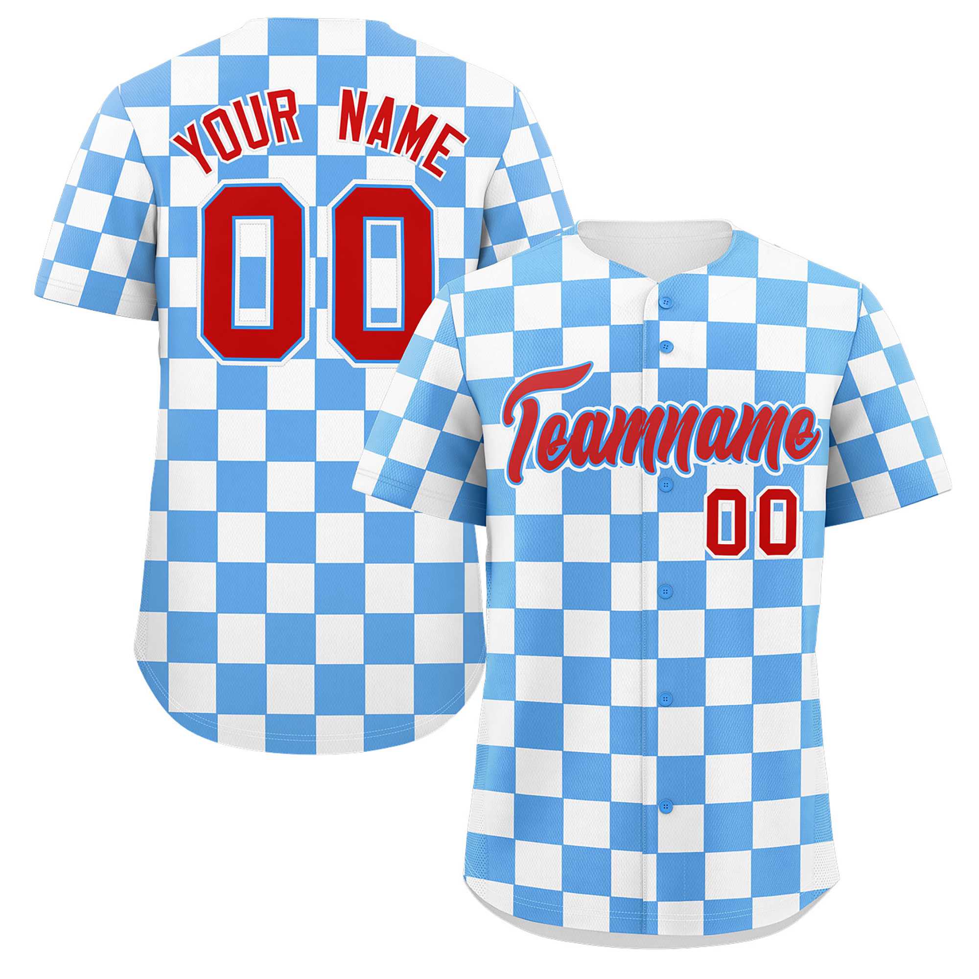 Custom Powder Blue White Square Grid Color Block Design Authentic Baseball Jersey