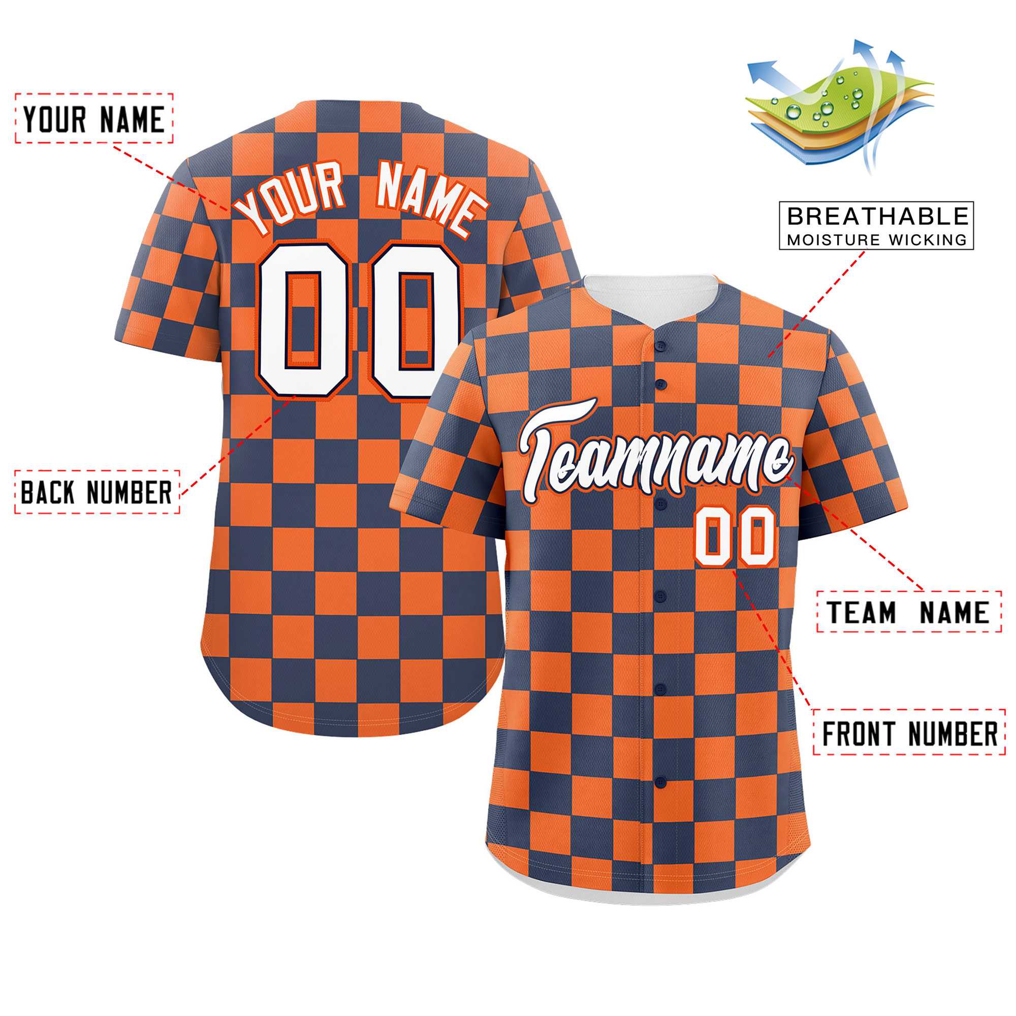 Custom Navy Orange Square Grid Color Block Design Authentic Baseball Jersey