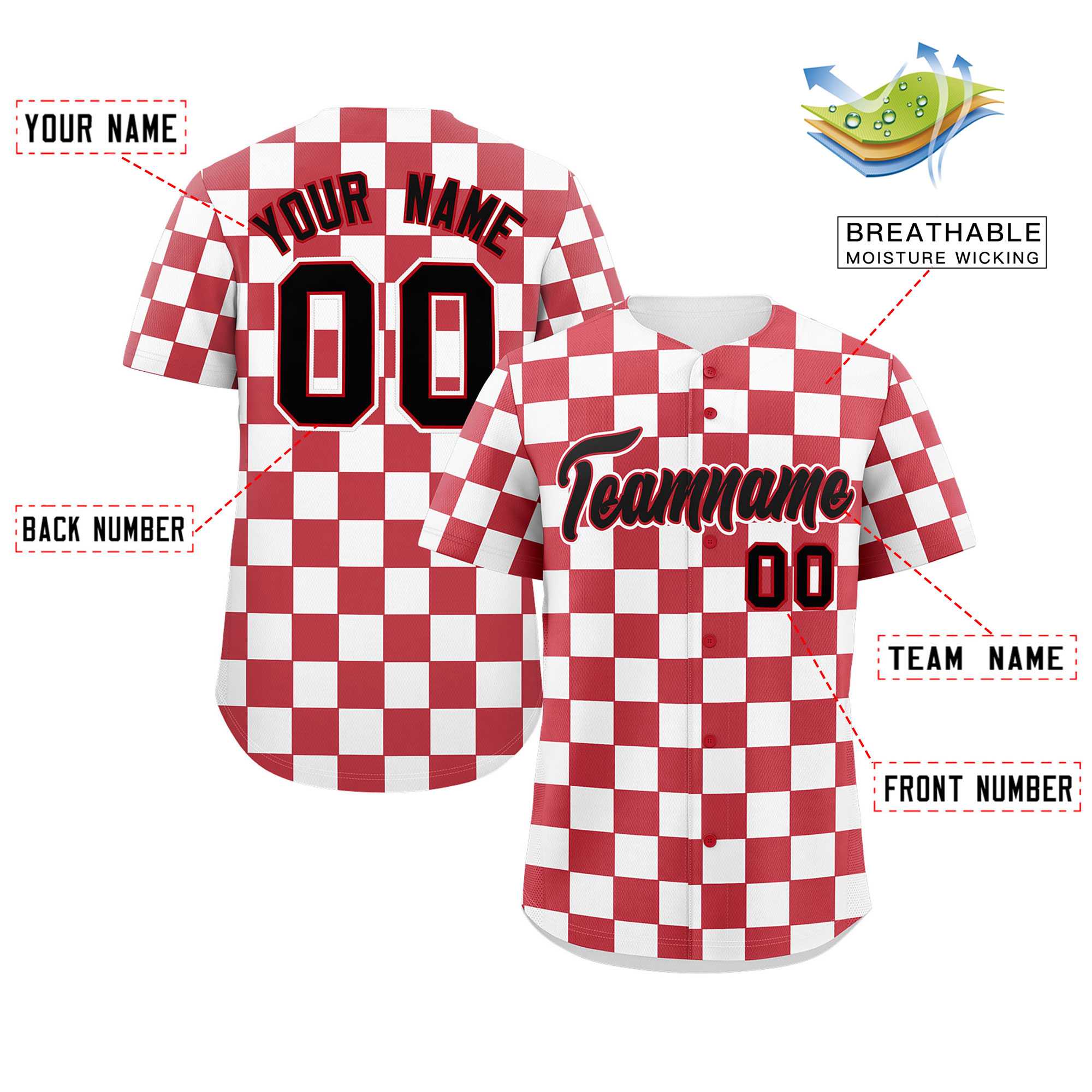 Custom Red White Square Grid Color Block Design Authentic Baseball Jersey