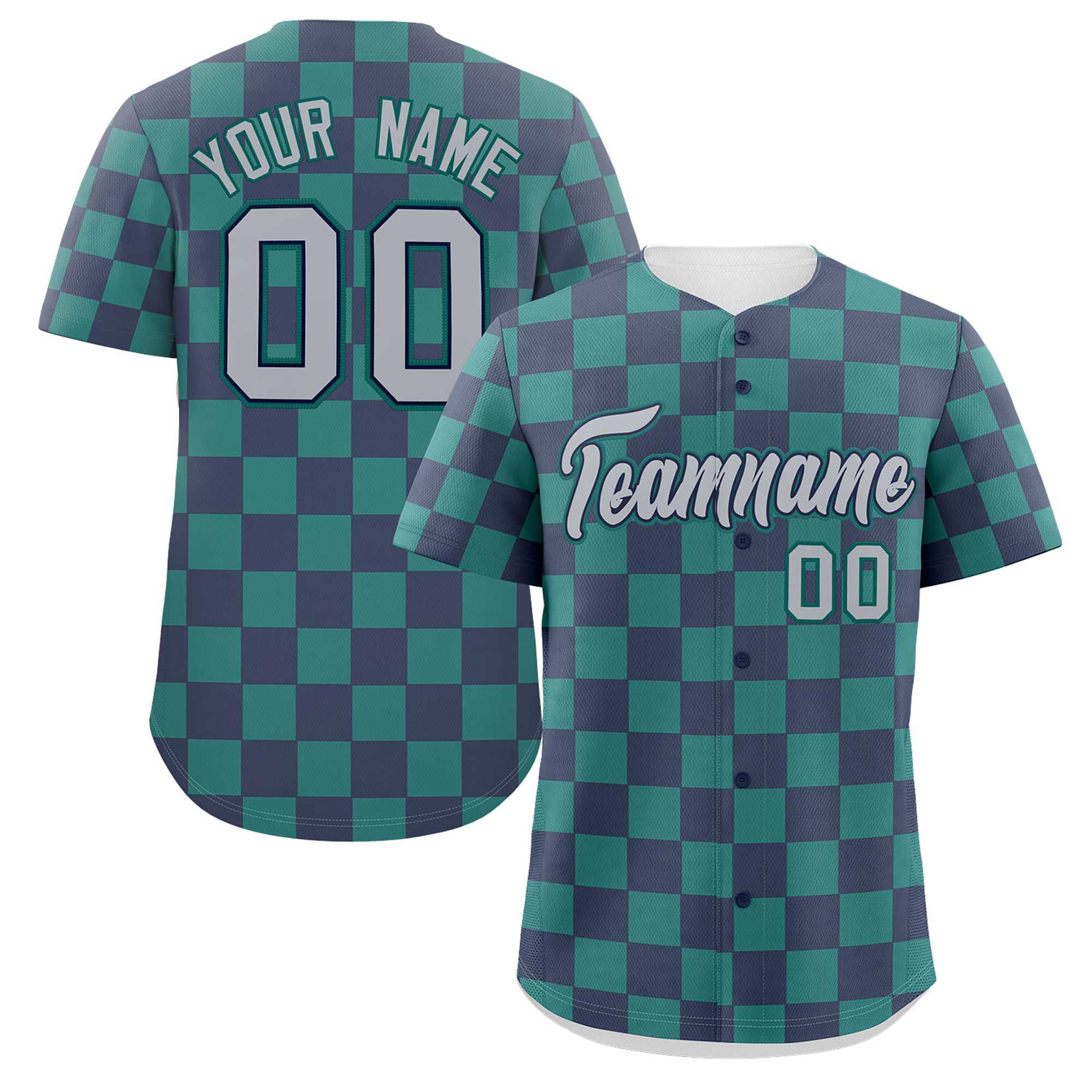 Custom Navy Aqua Square Grid Color Block Design Authentic Baseball Jersey