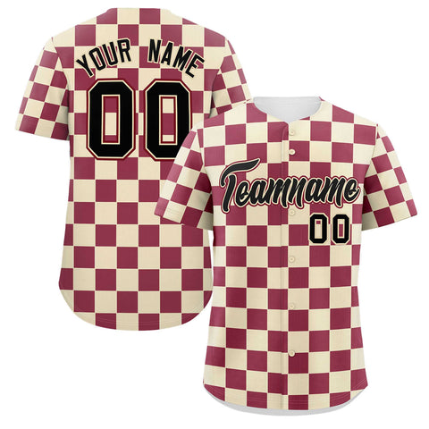 Custom Khaki Crimson Square Grid Color Block Design Authentic Baseball Jersey