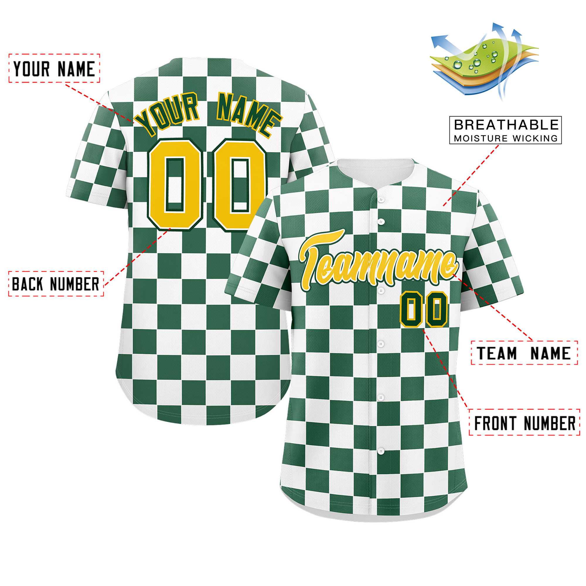 Custom White Green Square Grid Color Block Design Authentic Baseball Jersey