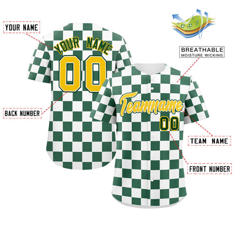 Custom White Green Square Grid Color Block Design Authentic Baseball Jersey