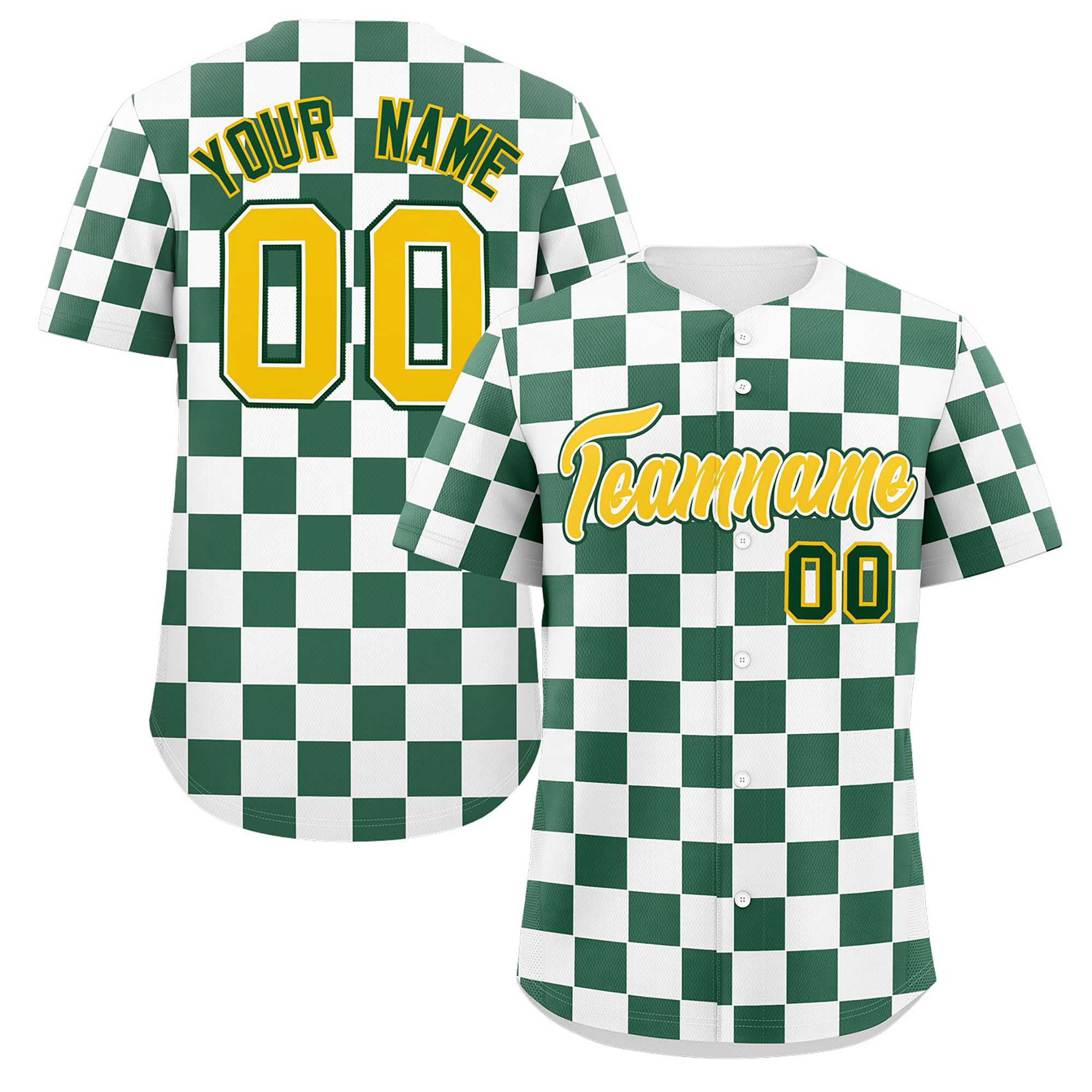 Custom White Green Square Grid Color Block Design Authentic Baseball Jersey