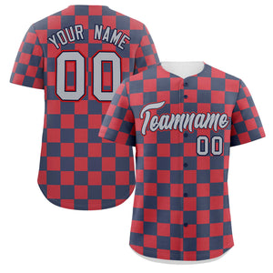 Custom Navy Red Square Grid Color Block Design Authentic Baseball Jersey