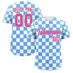 Custom Powder Blue White Square Grid Color Block Design Authentic Baseball Jersey