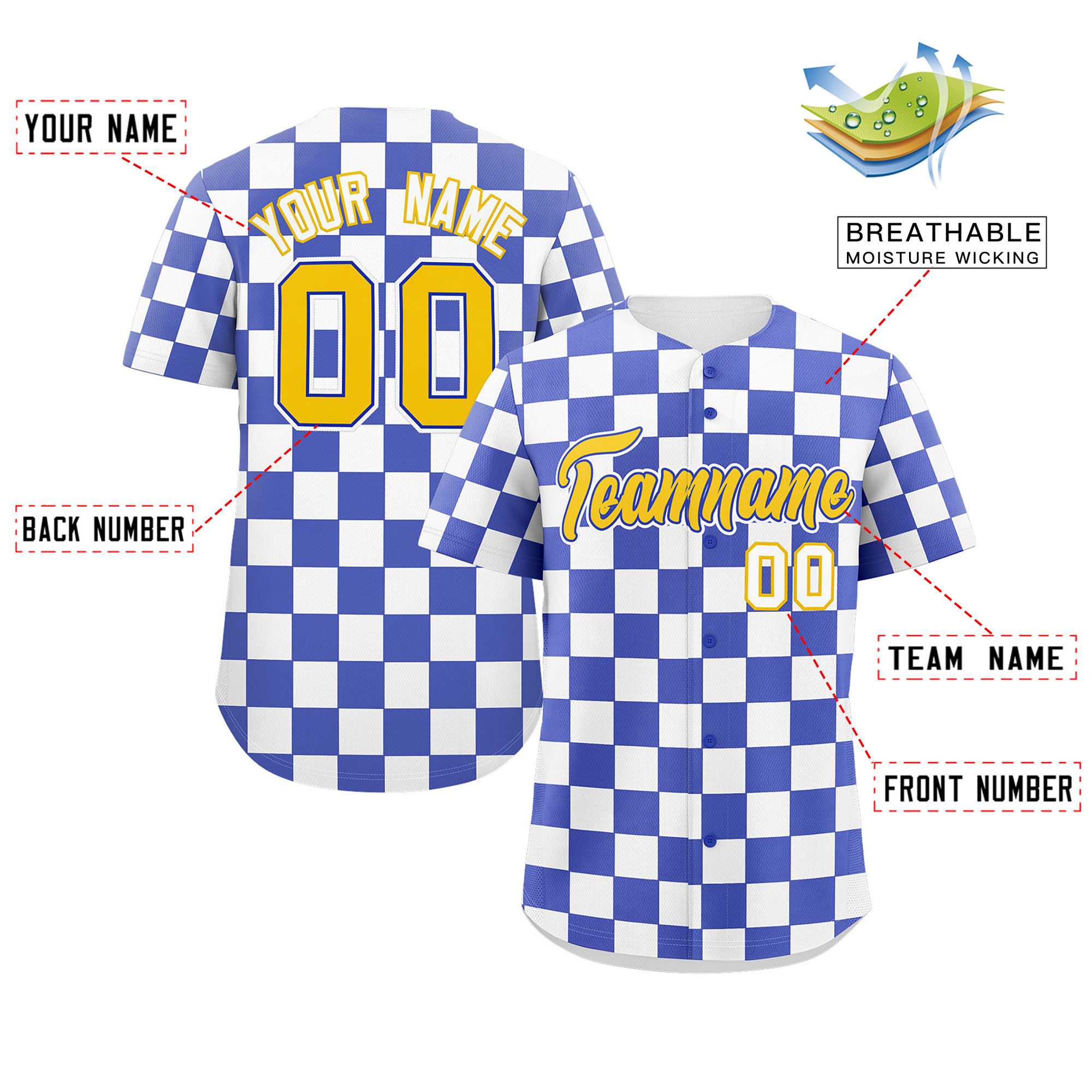 Custom Royal White Square Grid Color Block Design Authentic Baseball Jersey