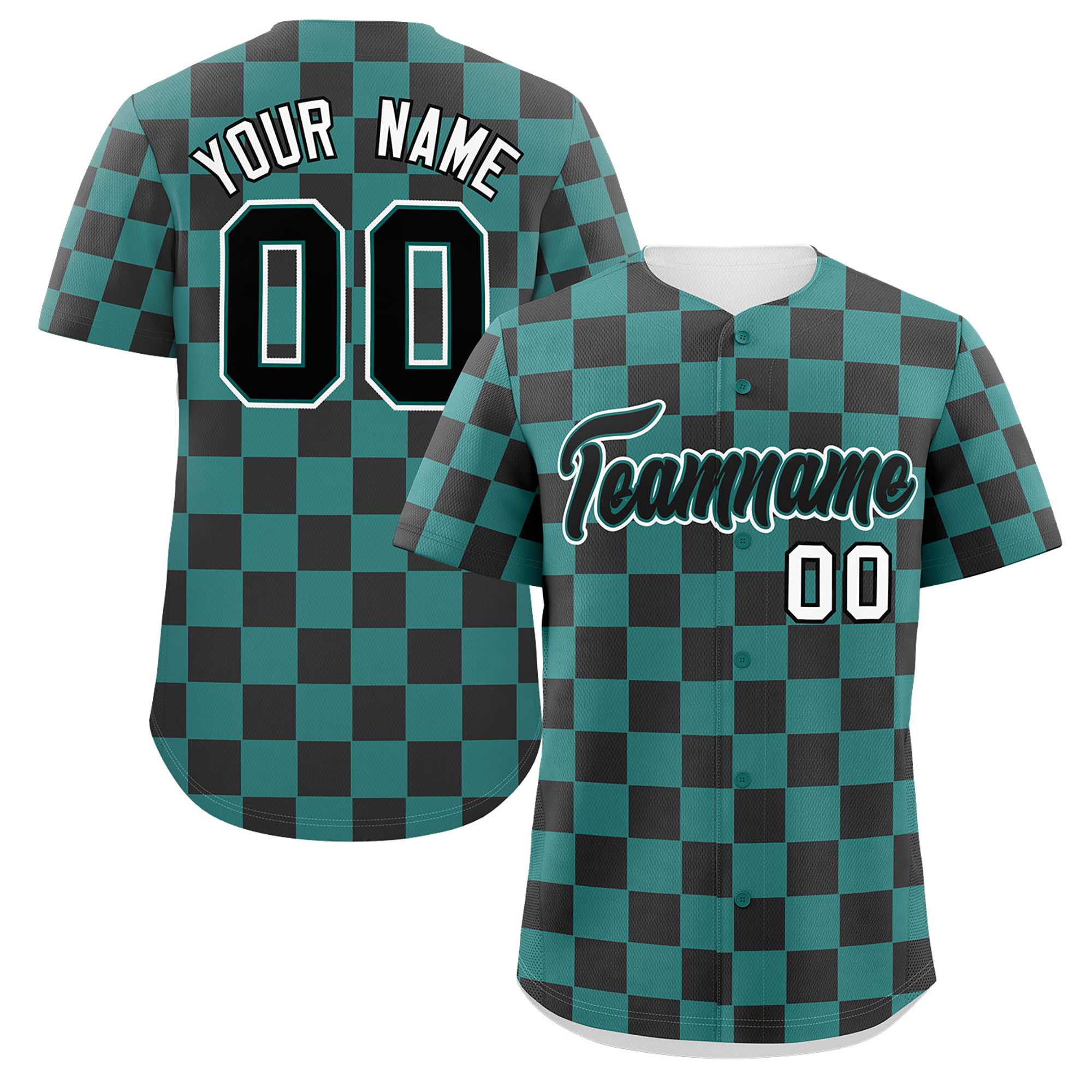 Custom Aqua Black Square Grid Color Block Design Authentic Baseball Jersey