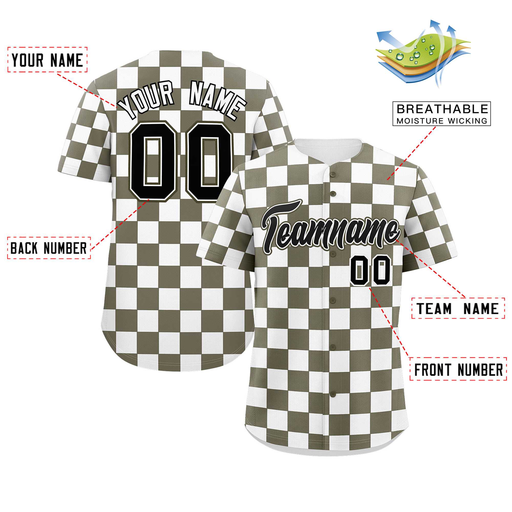 Custom Olive White Square Grid Color Block Design Authentic Baseball Jersey