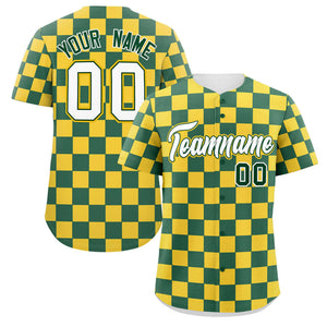 Custom Green Gold Square Grid Color Block Design Authentic Baseball Jersey