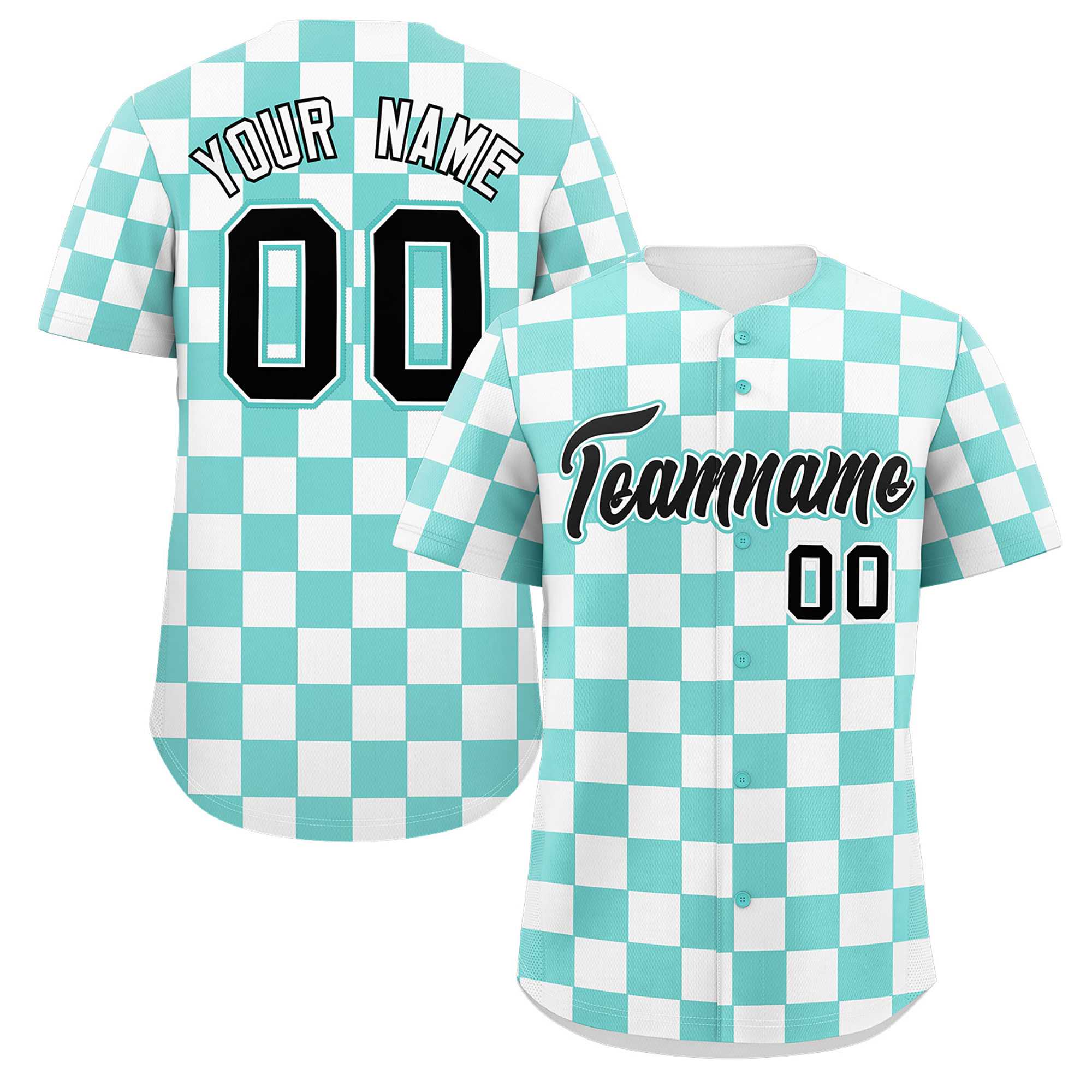 Custom Aqua White Square Grid Color Block Design Authentic Baseball Jersey