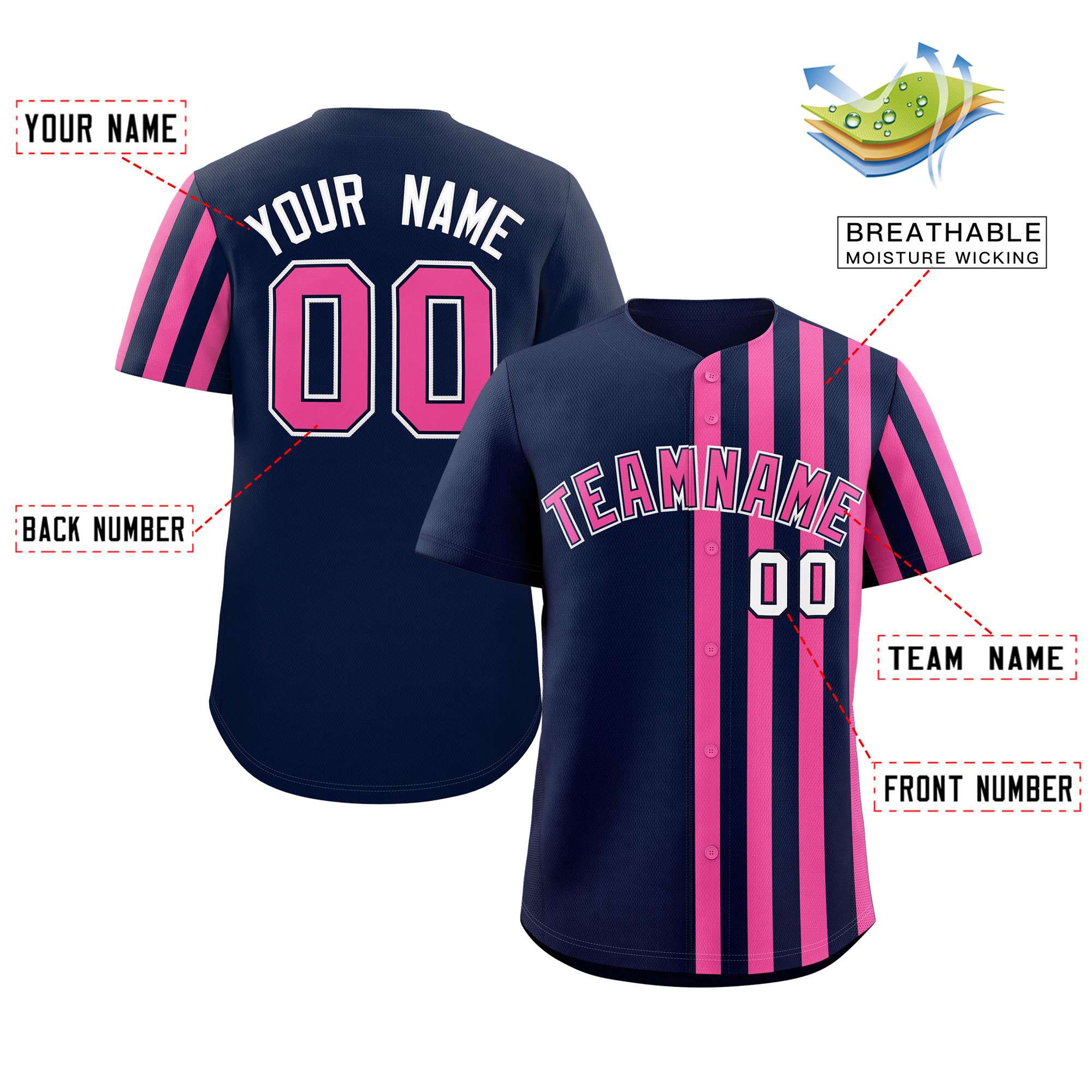 Custom Navy Pink Thick Stripe Fashion Design Authentic Baseball Jersey