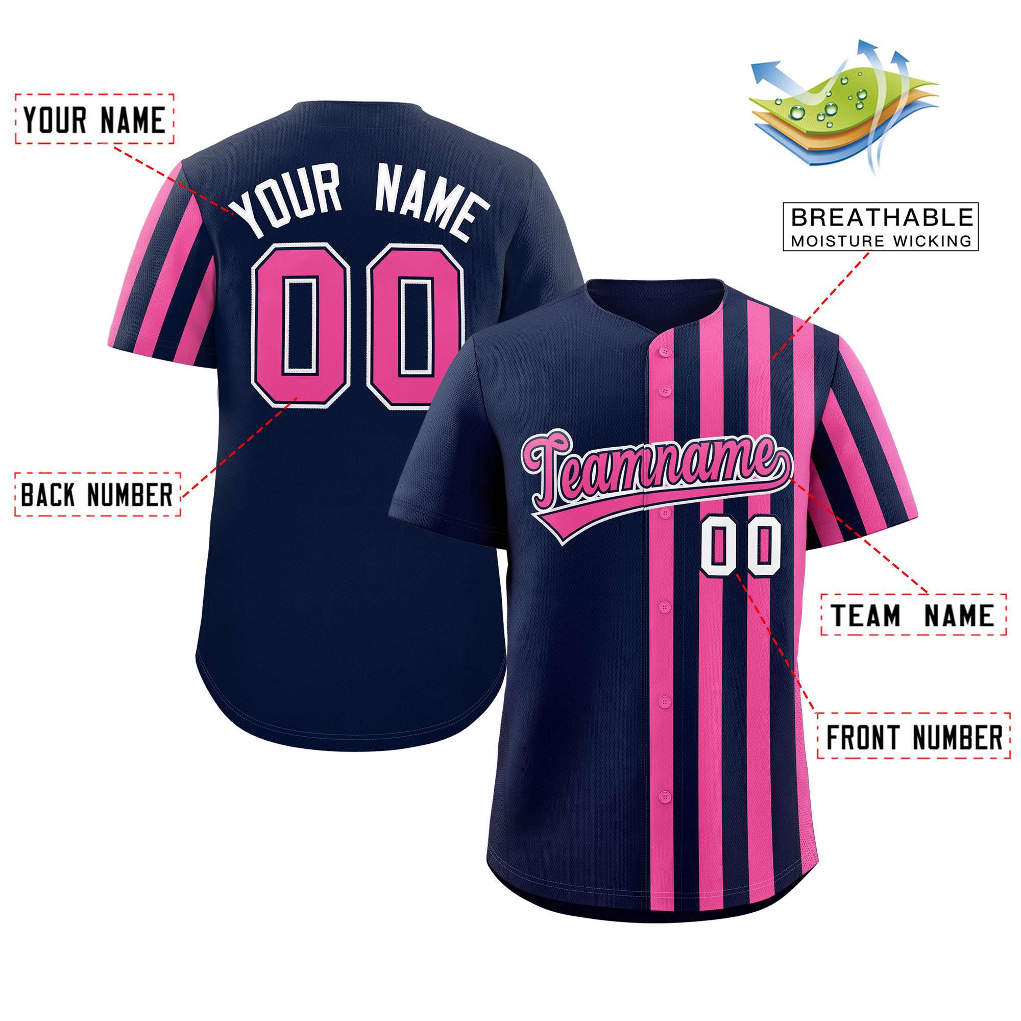 Custom Navy Pink Thick Stripe Fashion Design Authentic Baseball Jersey