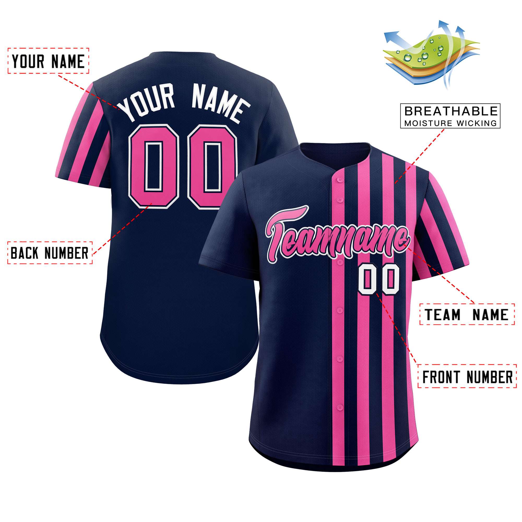 Custom Navy Pink Thick Stripe Fashion Design Authentic Baseball Jersey