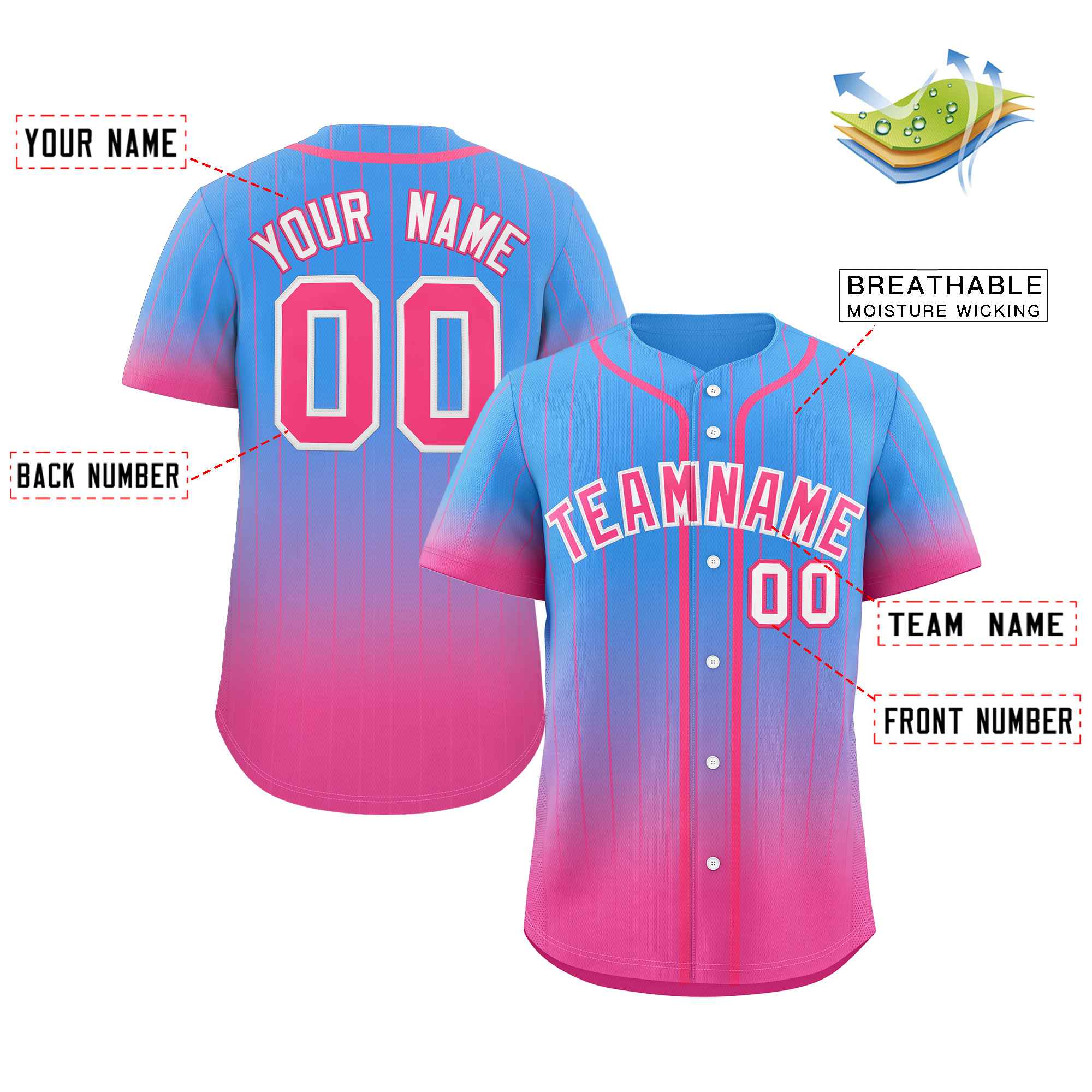 Maillot de baseball personnalisé à rayures dégradées bleu poudre rose-blanc, mode authentique