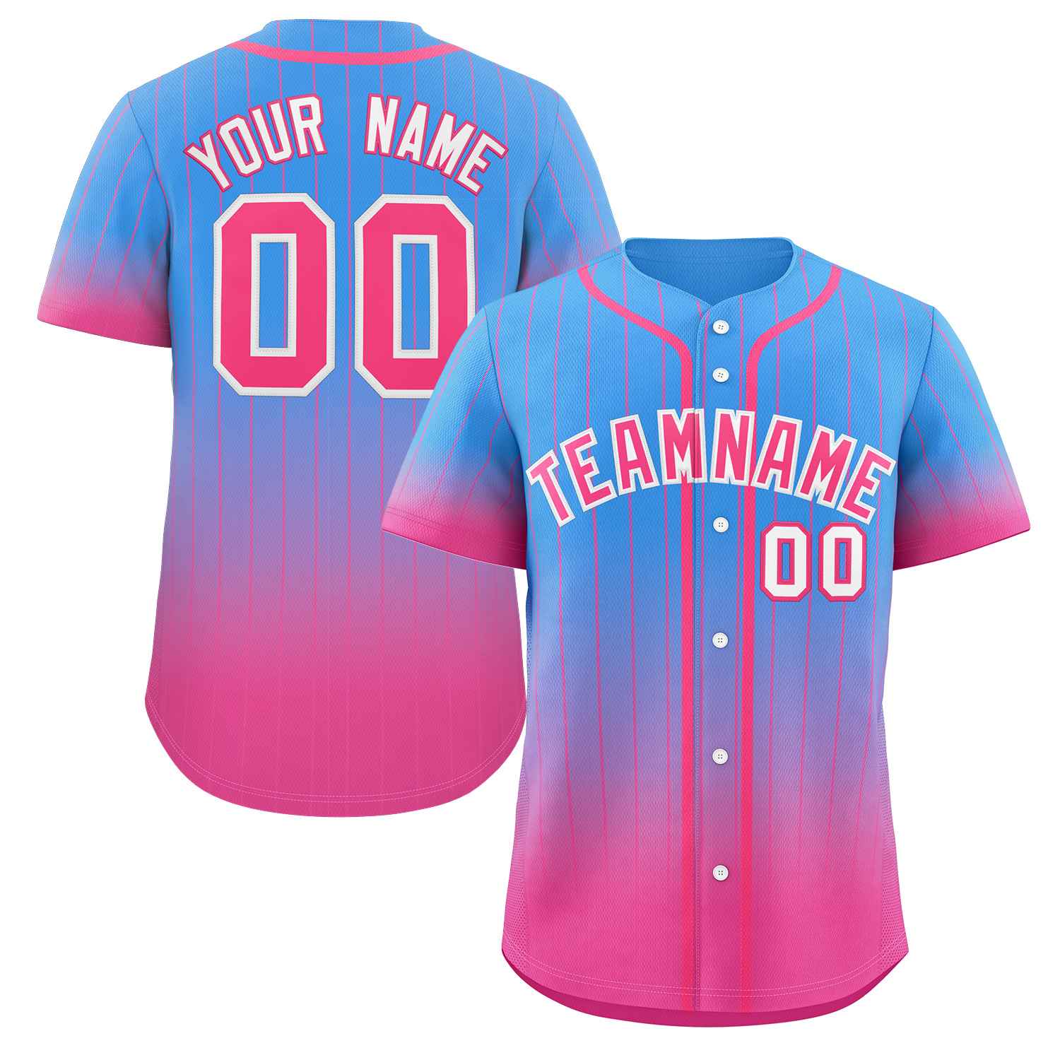 Maillot de baseball personnalisé à rayures dégradées bleu poudre rose-blanc, mode authentique