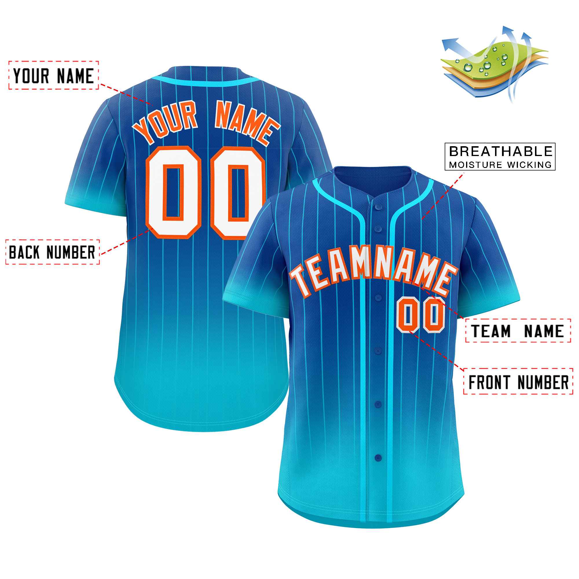 Custom Royal Sky Blue-Orange Gradient Stripe Fashion Authentic Baseball Jersey