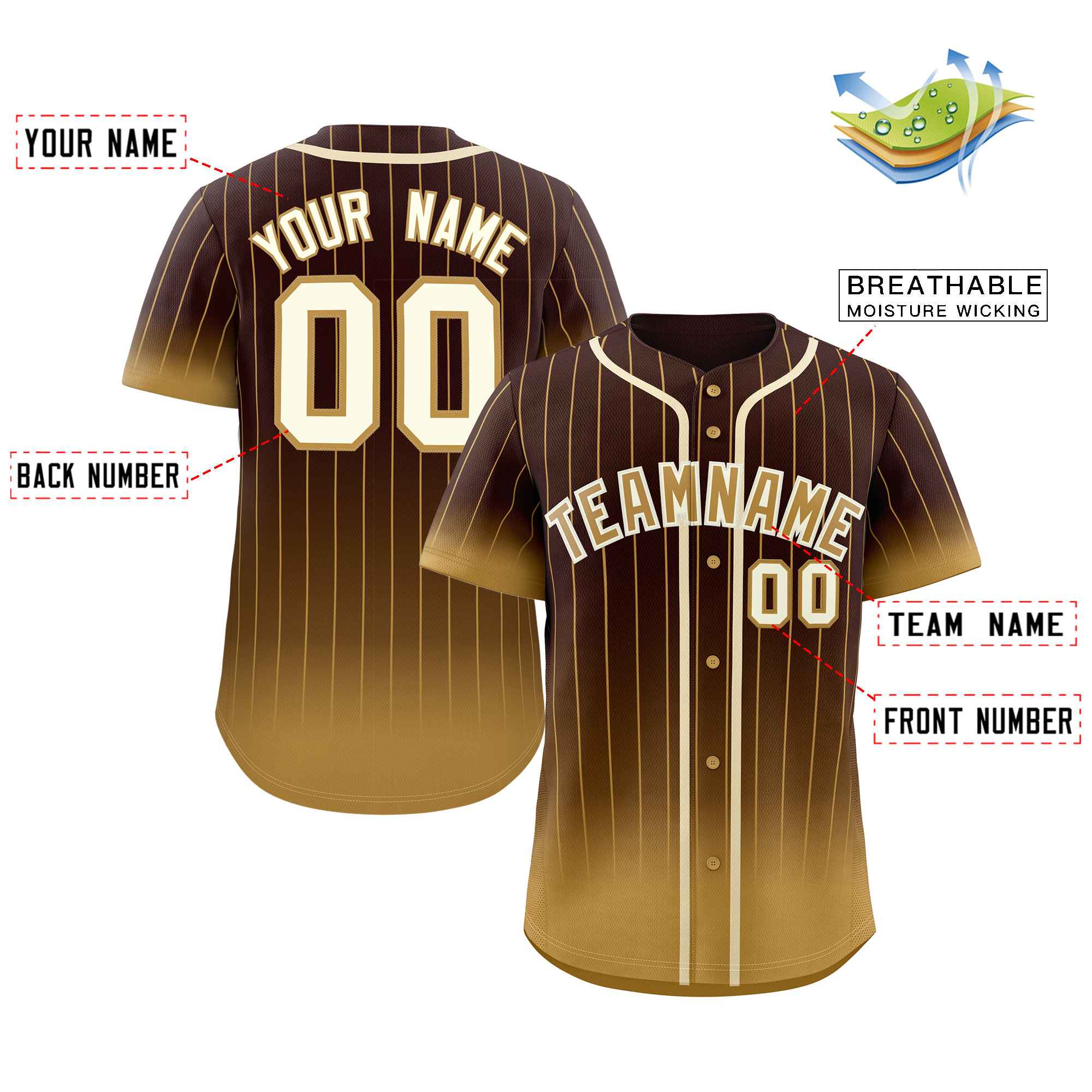 Maillot de baseball personnalisé à rayures dégradées, marron, vieux or-crème, mode authentique