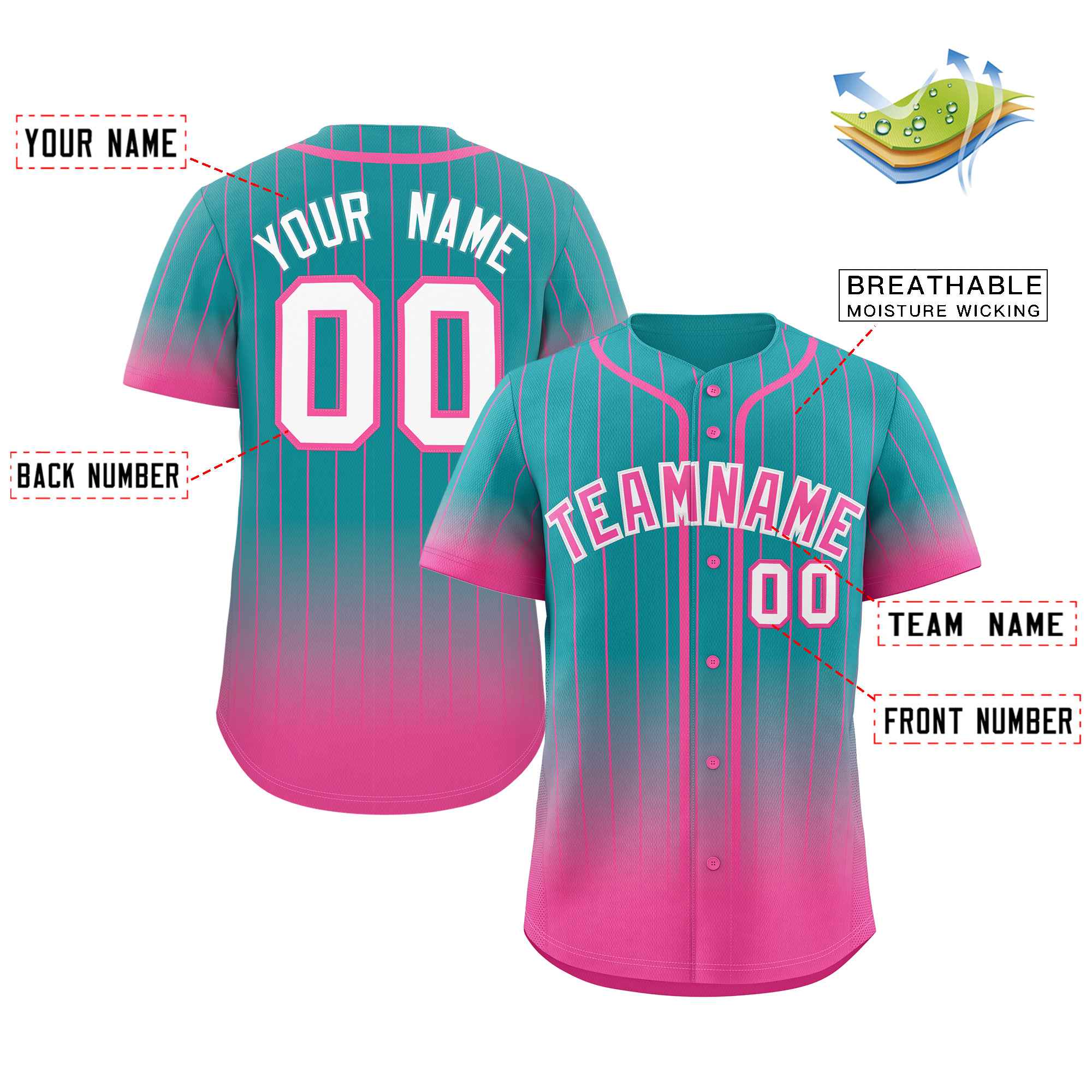 Custom Aqua Pink-White Gradient Stripe Fashion Authentic Baseball Jersey