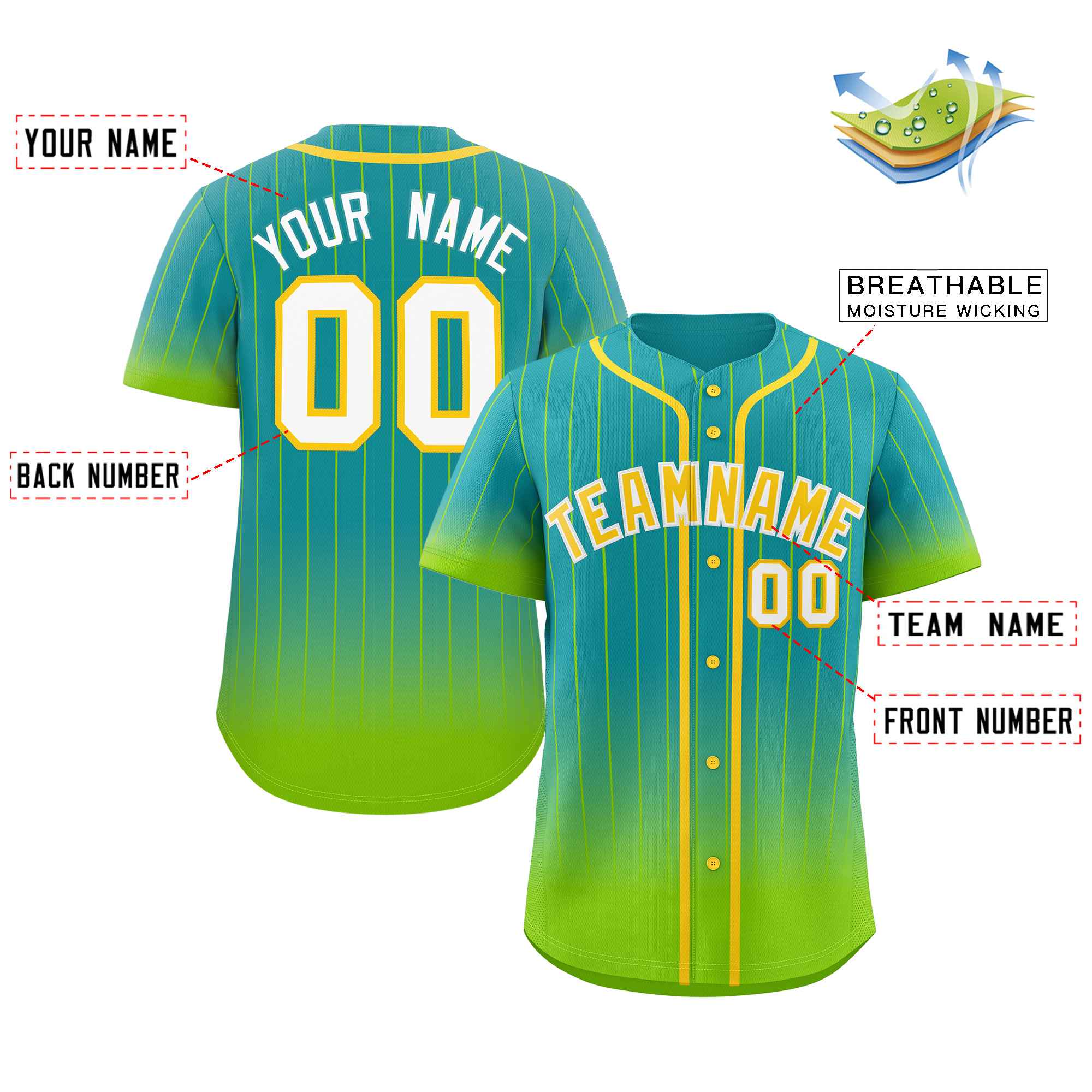 Maillot de baseball personnalisé Aqua Neon vert-or à rayures dégradées, authentique, à la mode