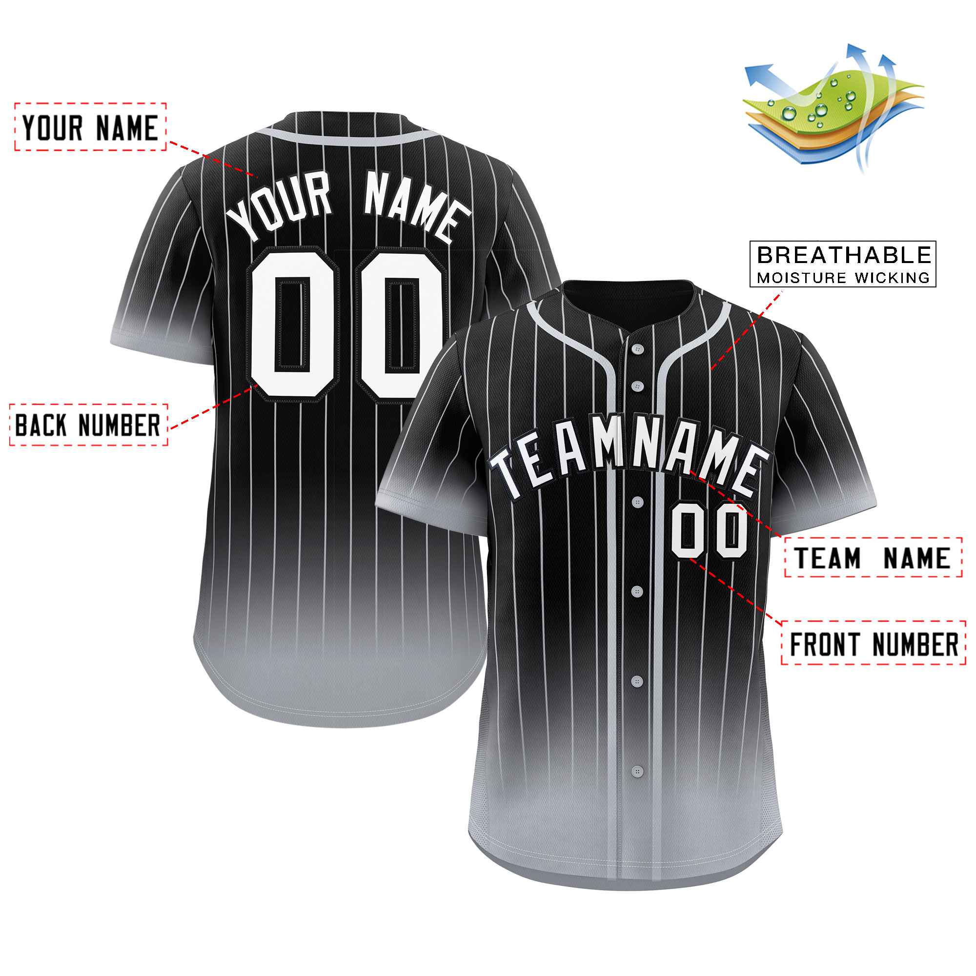 Maillot de baseball personnalisé à rayures dégradées noir gris-blanc, à la mode, authentique