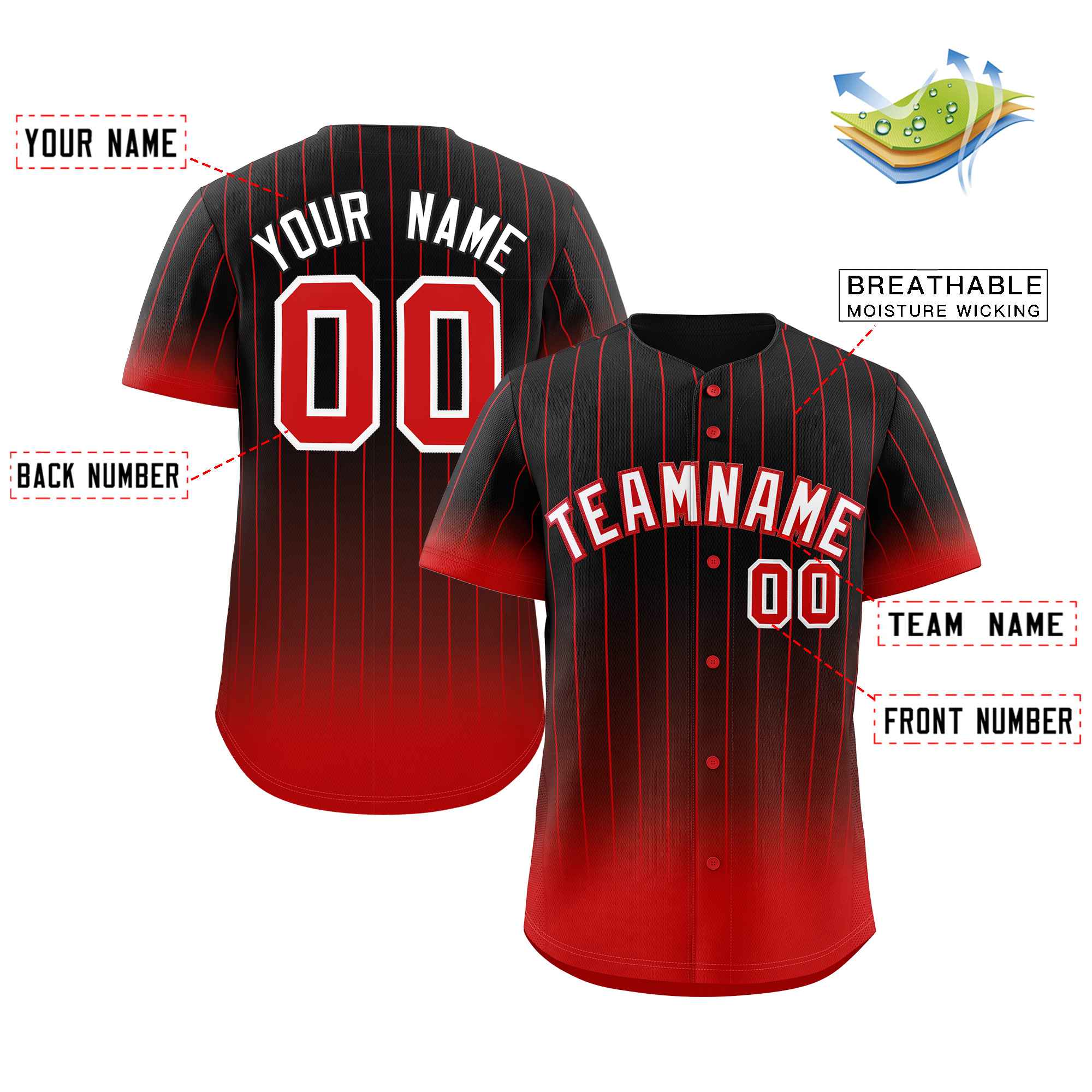 Custom Black Red-White Gradient Stripe Fashion Authentic Baseball Jersey