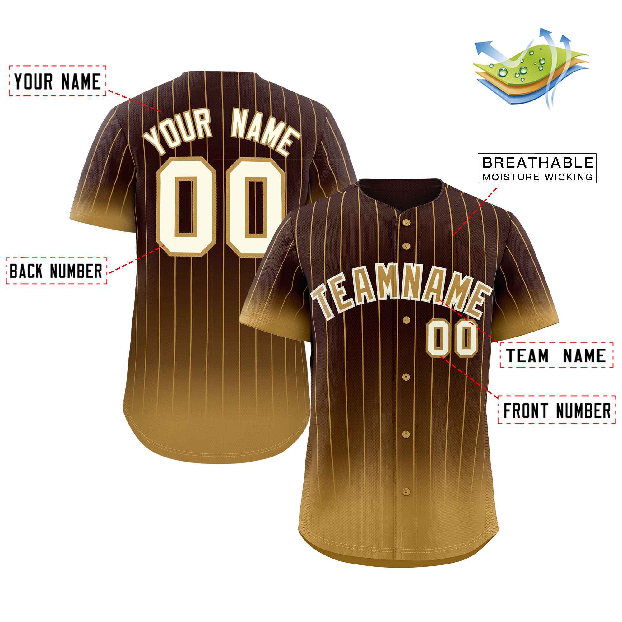 Maillot de baseball personnalisé à rayures dégradées, marron, vieux or-crème, mode authentique