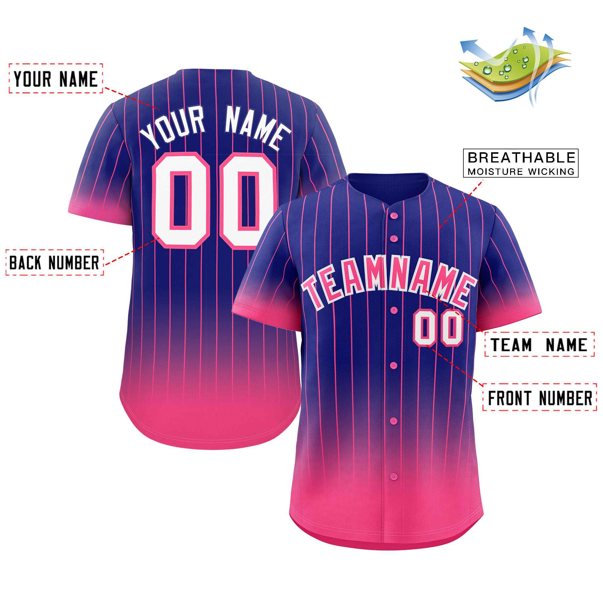 Maillot de baseball personnalisé à rayures dégradées violet rose-blanc, mode authentique