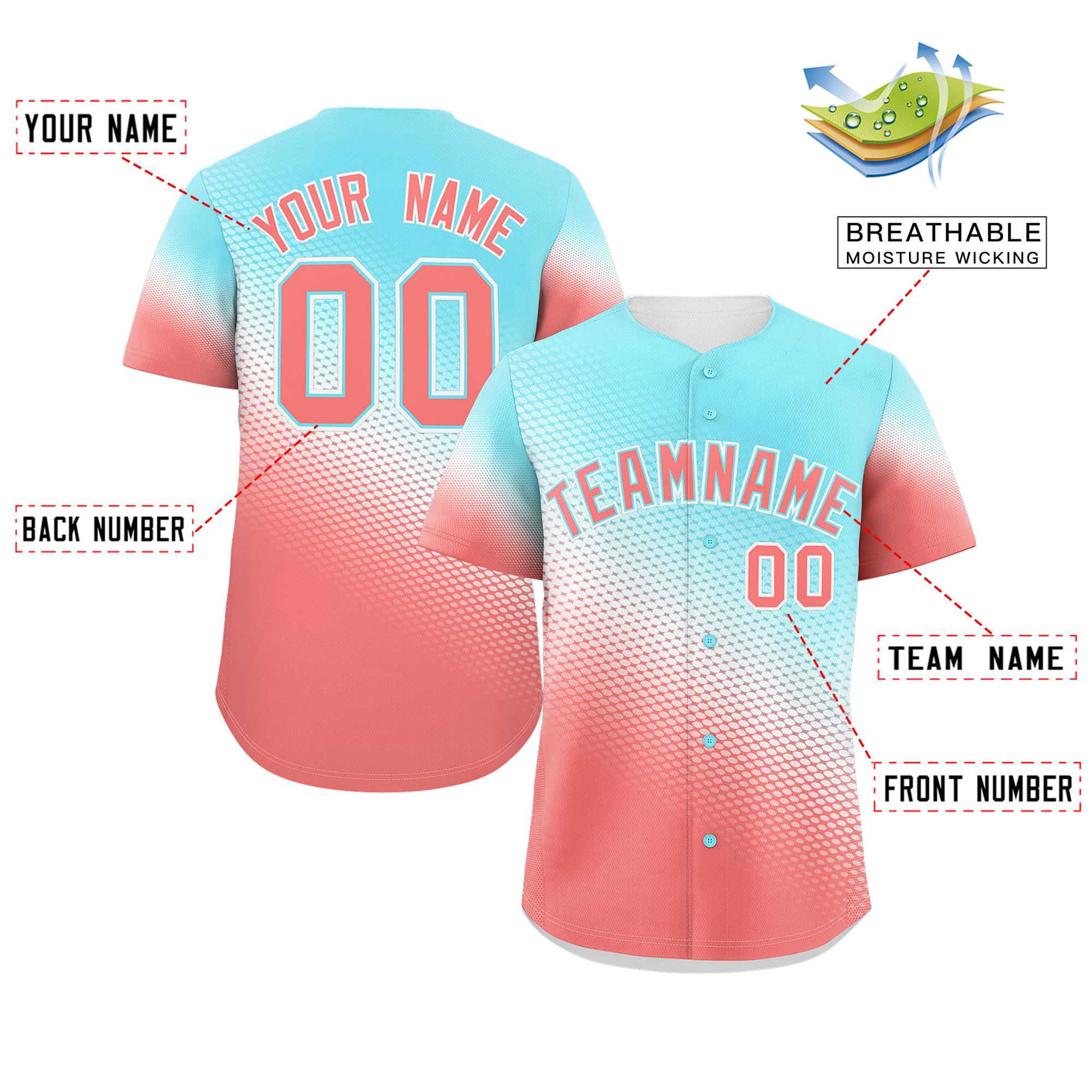 Custom Sky Blue Light Red Tiny Spot Gradient Fashion Authentic Baseball Jersey