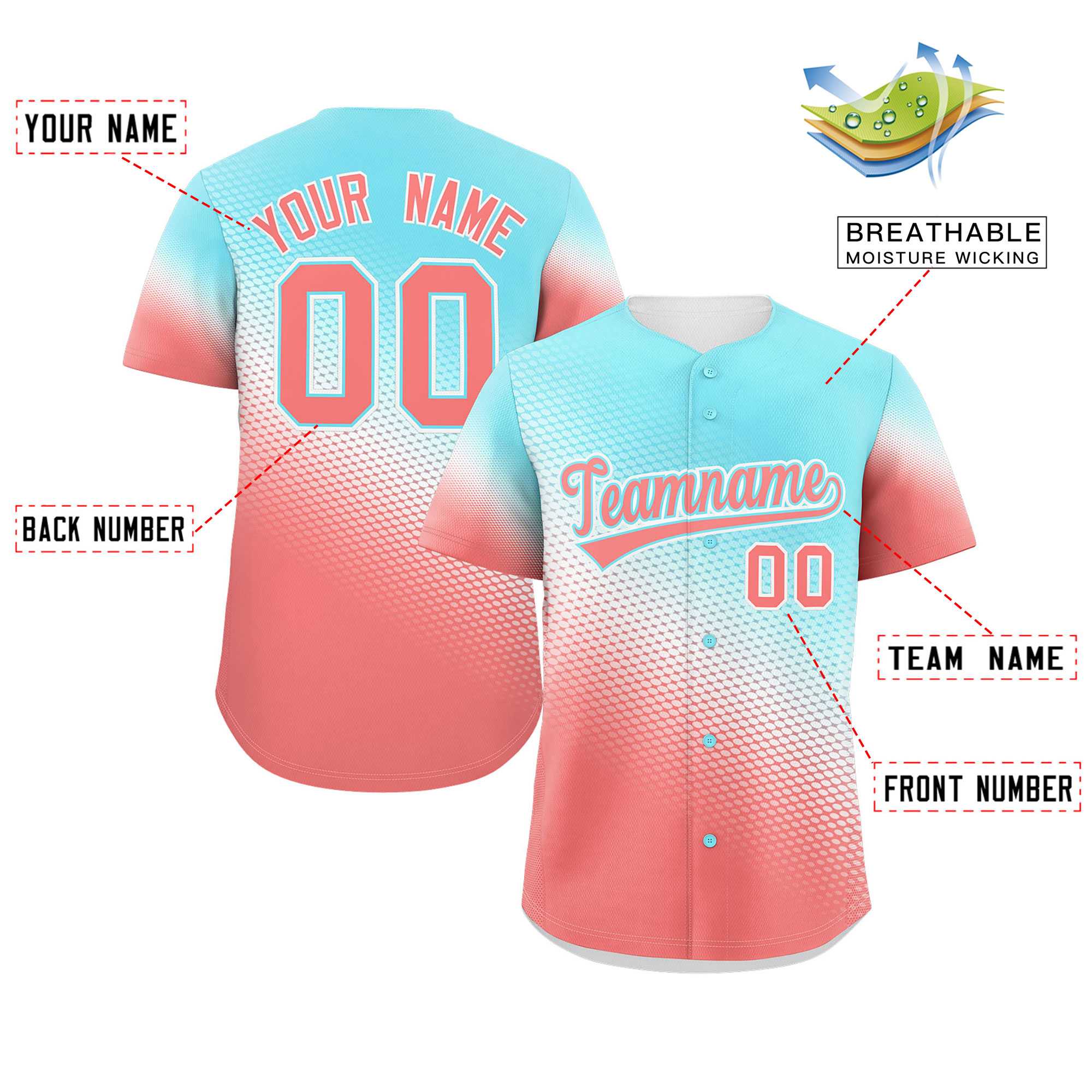 Custom Sky Blue Light Red Tiny Spot Gradient Fashion Authentic Baseball Jersey