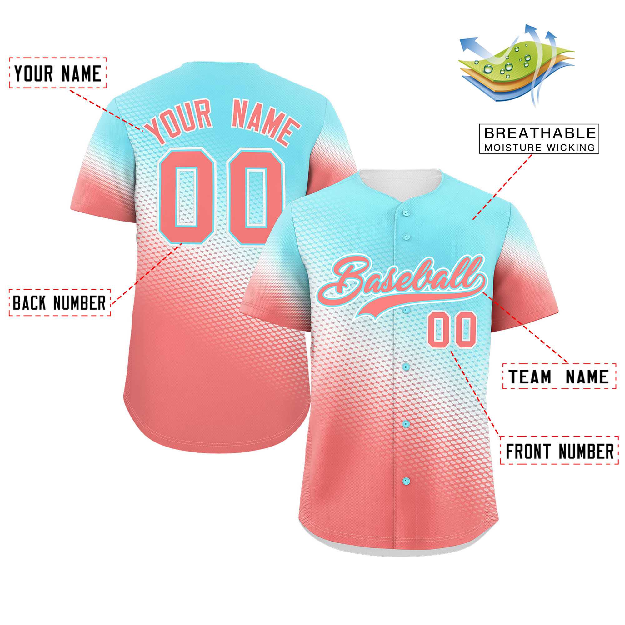 Custom Sky Blue Light Red Tiny Spot Gradient Fashion Authentic Baseball Jersey