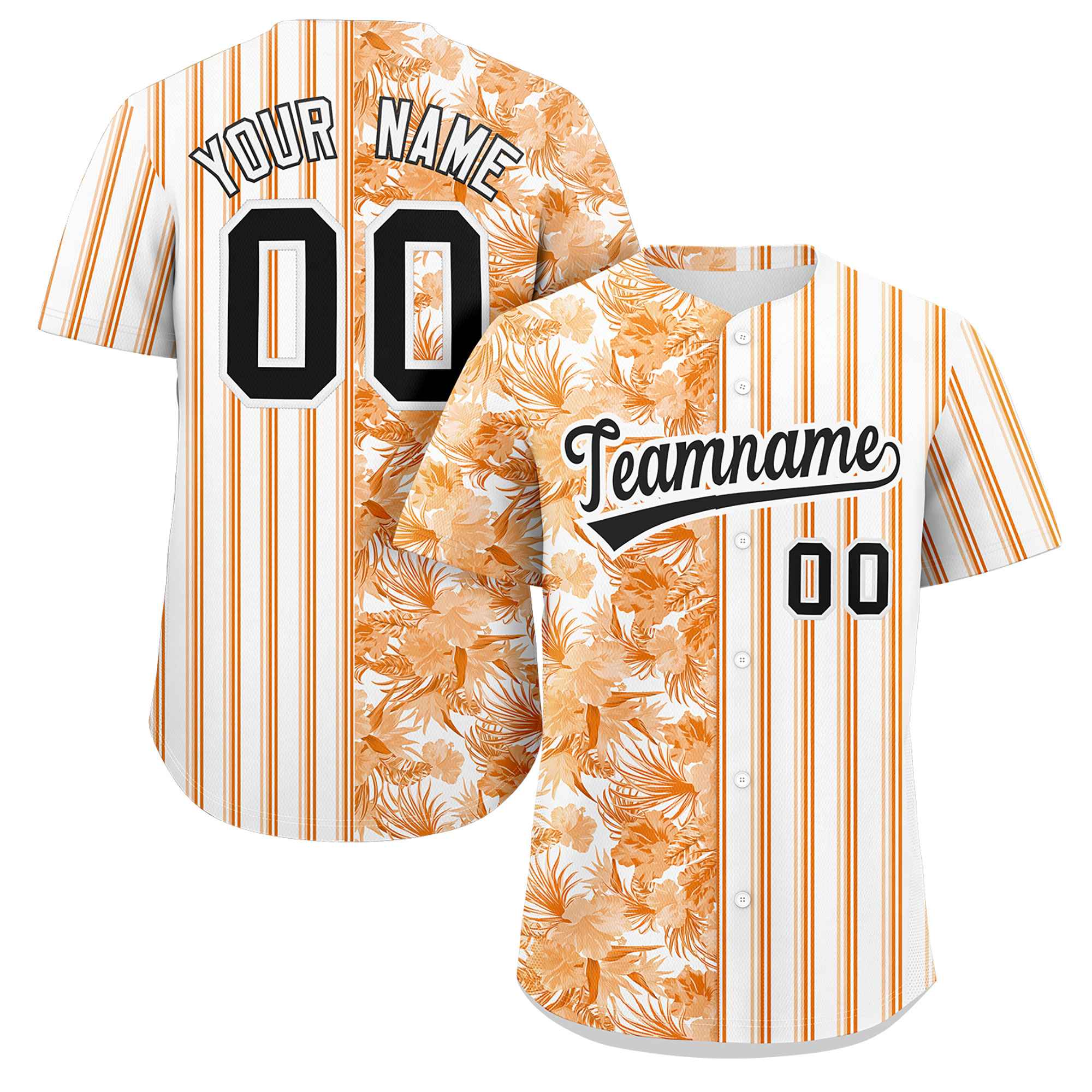 Custom Orange White-Black Hawaii Tropical Flower Stripe Fashion Baseball Jersey