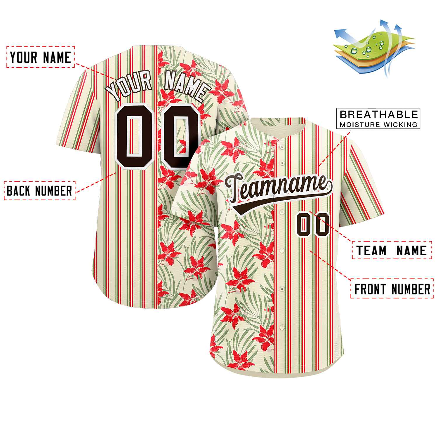 Custom Khaki Red-Green Hawaii Tropical Flower Stripe Fashion Baseball Jersey