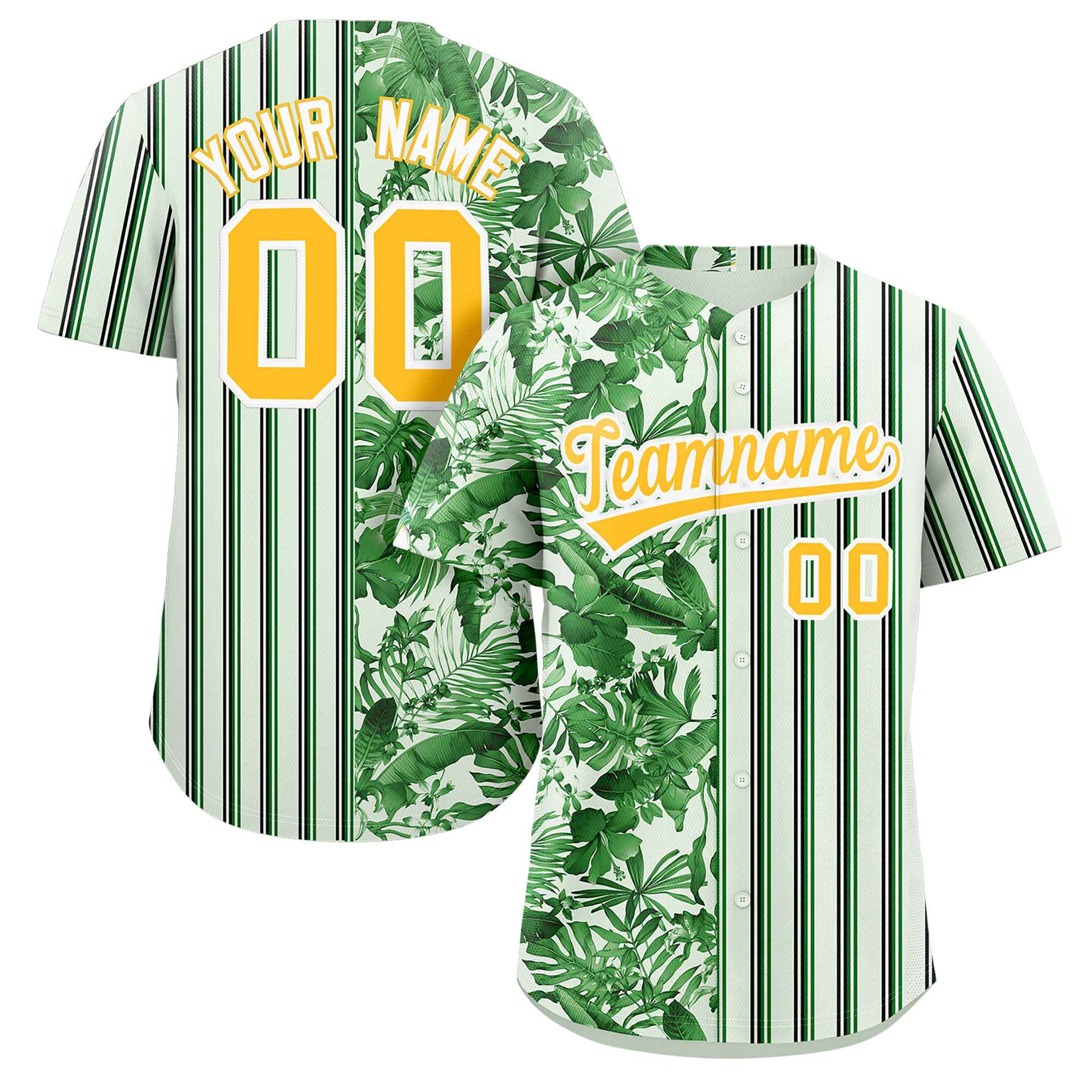 Custom Green Gold Hawaii Tropical Flower Stripe Fashion Baseball Jersey