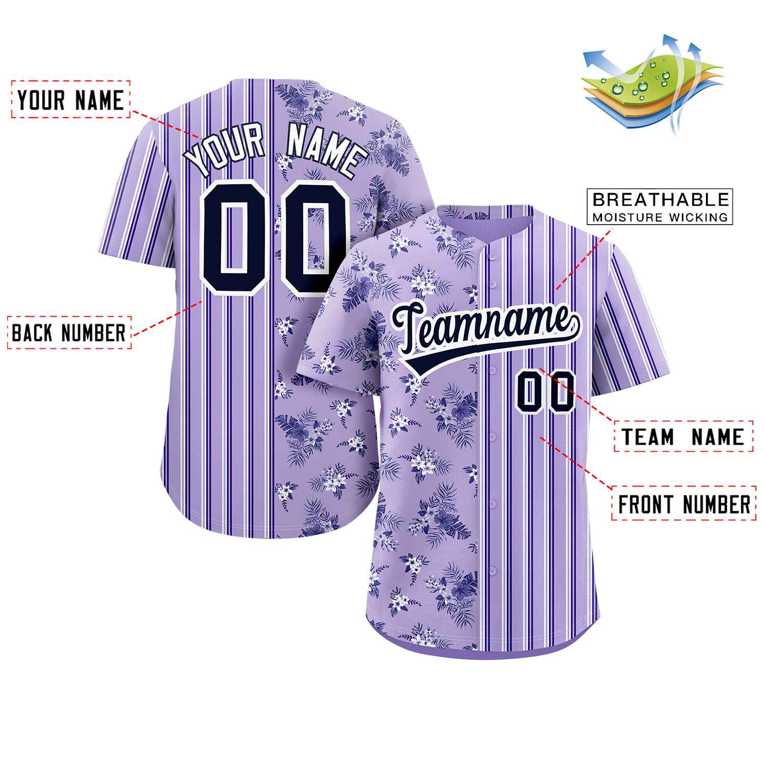 Custom Purple Black Hawaii Tropical Flower Stripe Fashion Baseball Jersey