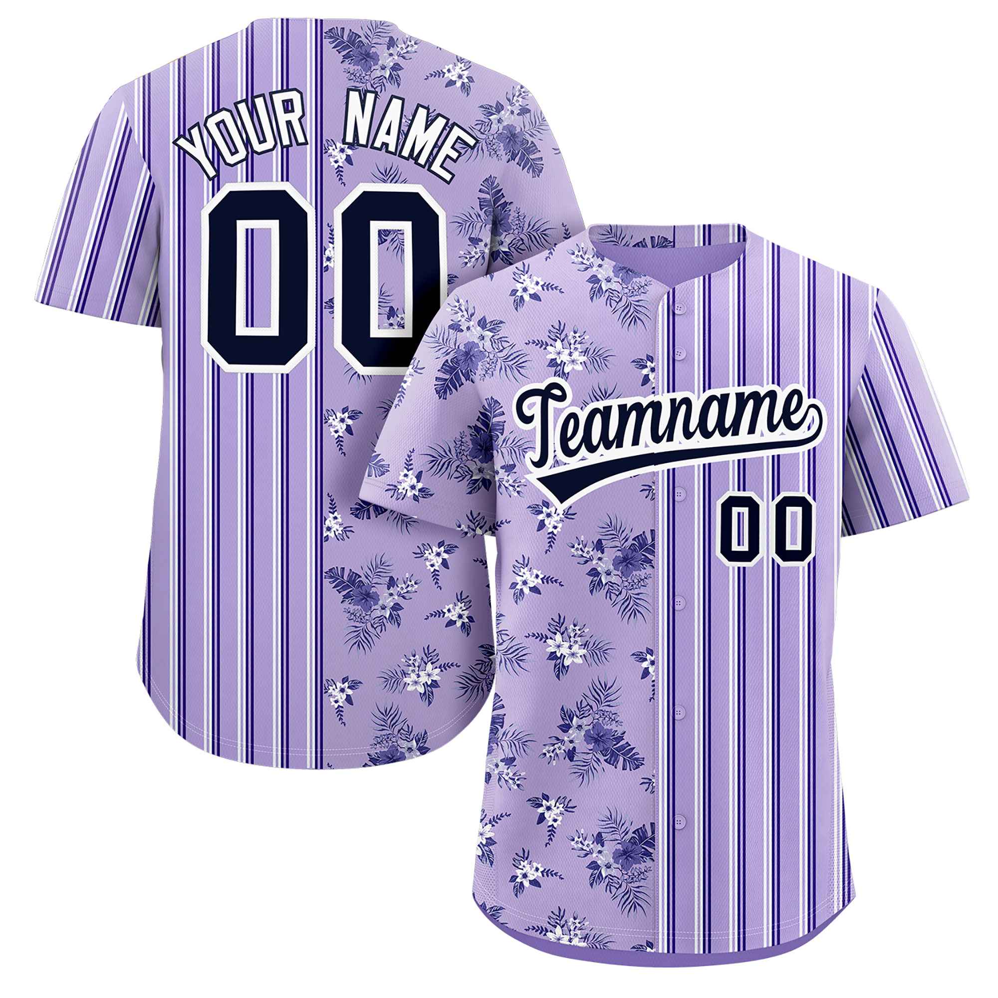 Custom Purple Black Hawaii Tropical Flower Stripe Fashion Baseball Jersey