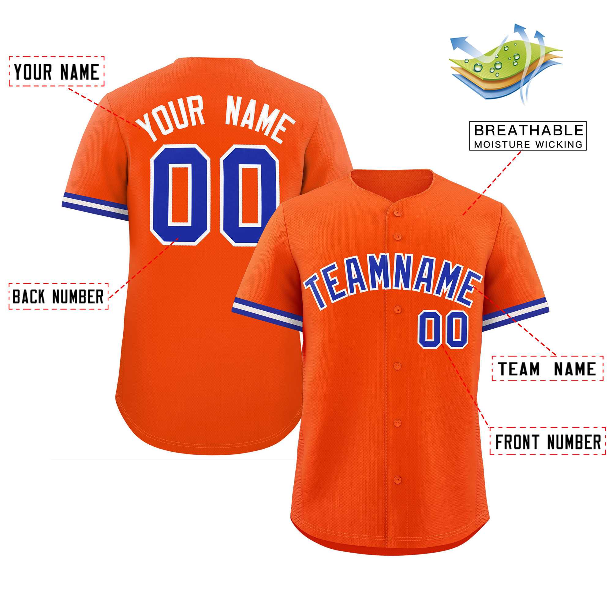 Custom Orange Royal Full Button Design Authentic Baseball Jersey