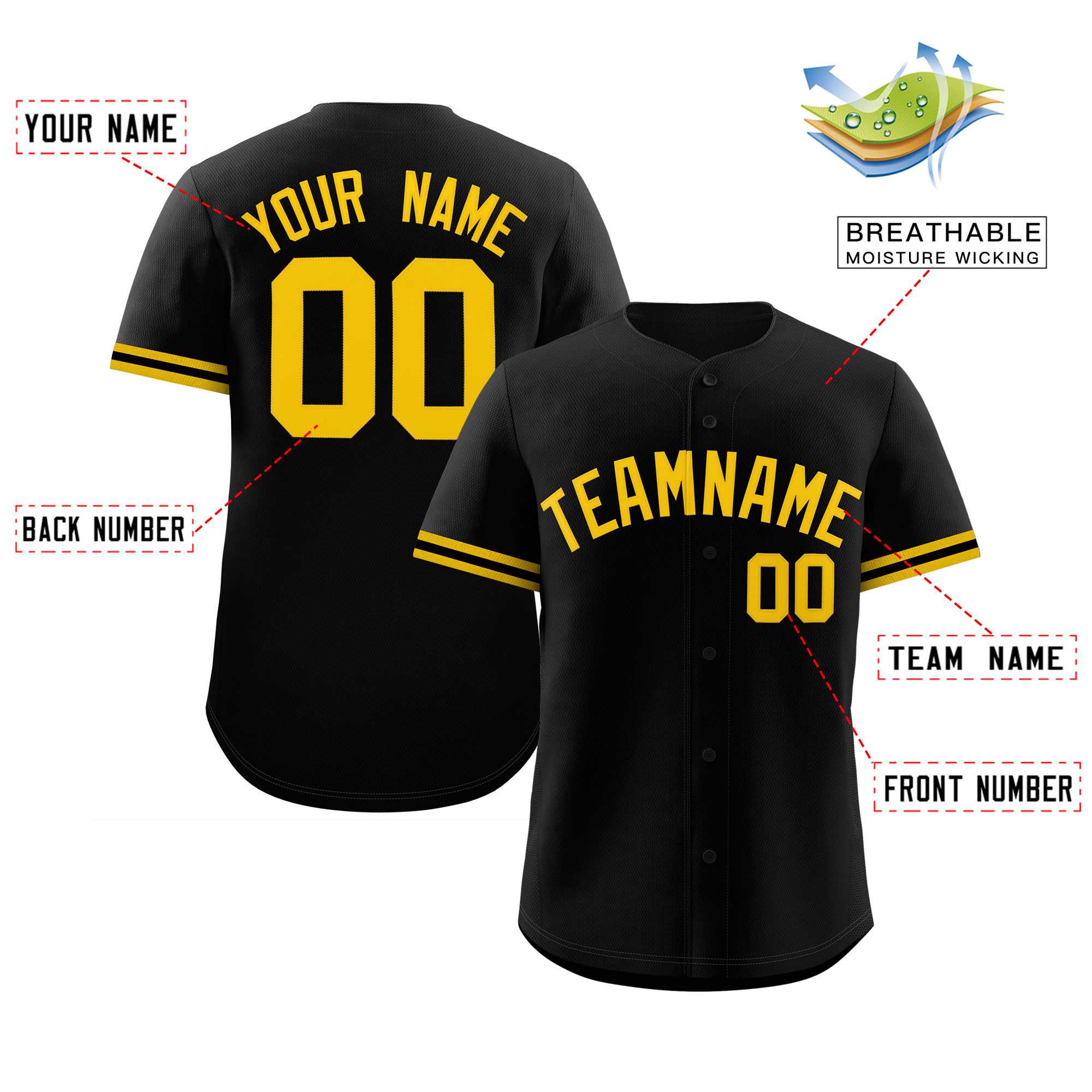 Custom Black Gold Full Button Design Authentic Baseball Jersey