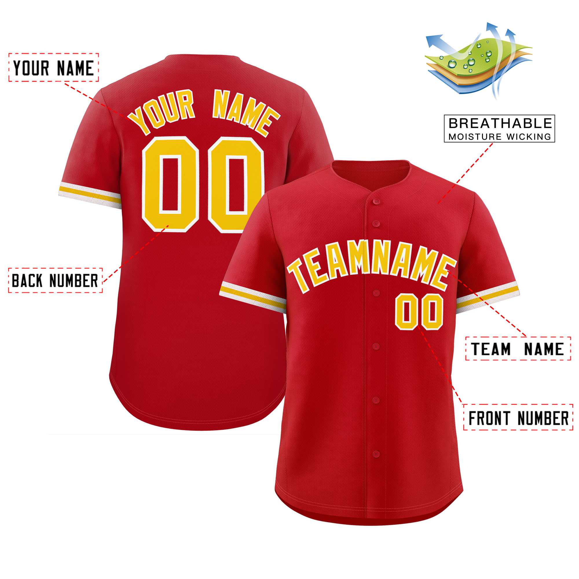 Custom Red Gold Full Button Design Authentic Baseball Jersey