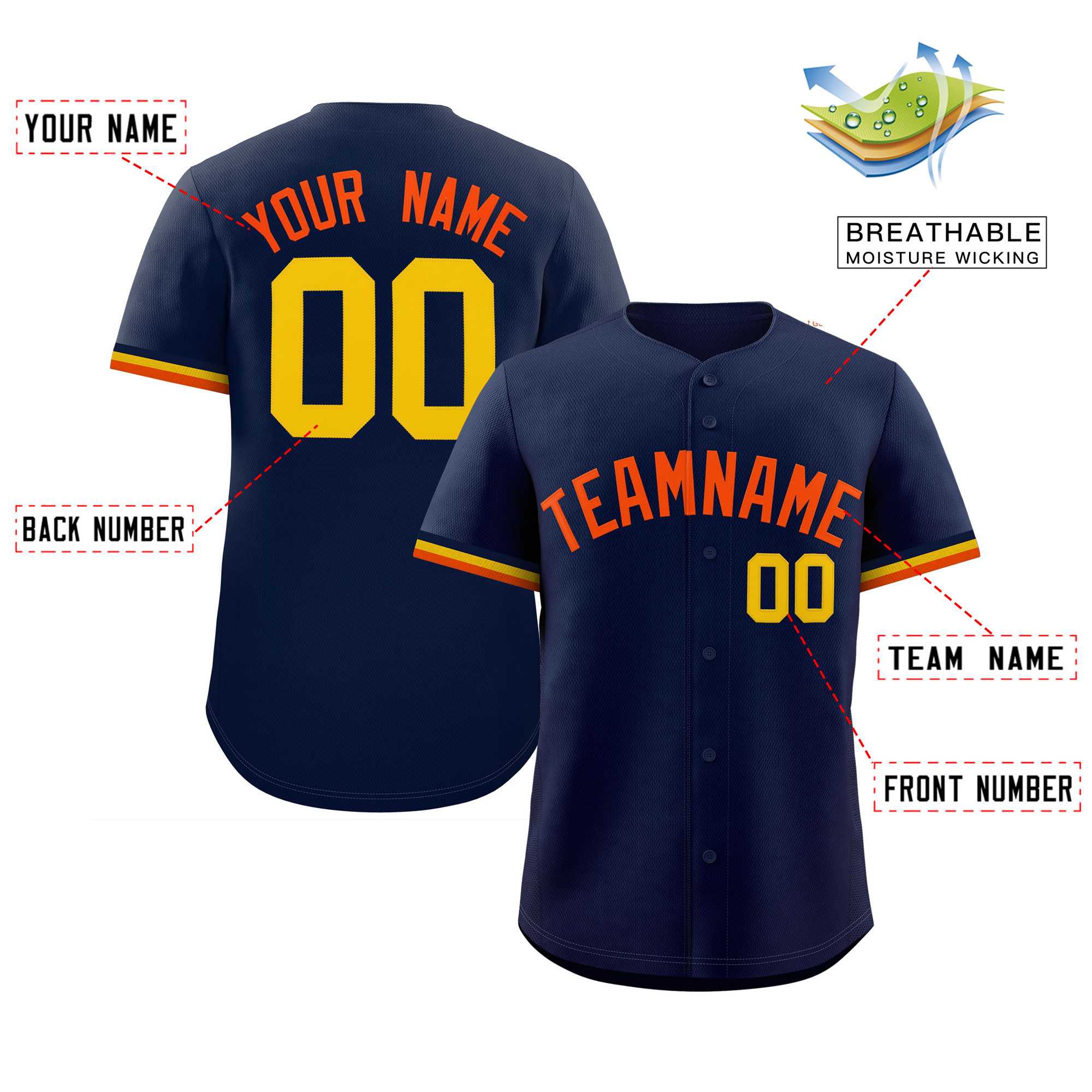 Custom Navy Orange Full Button Design Authentic Baseball Jersey