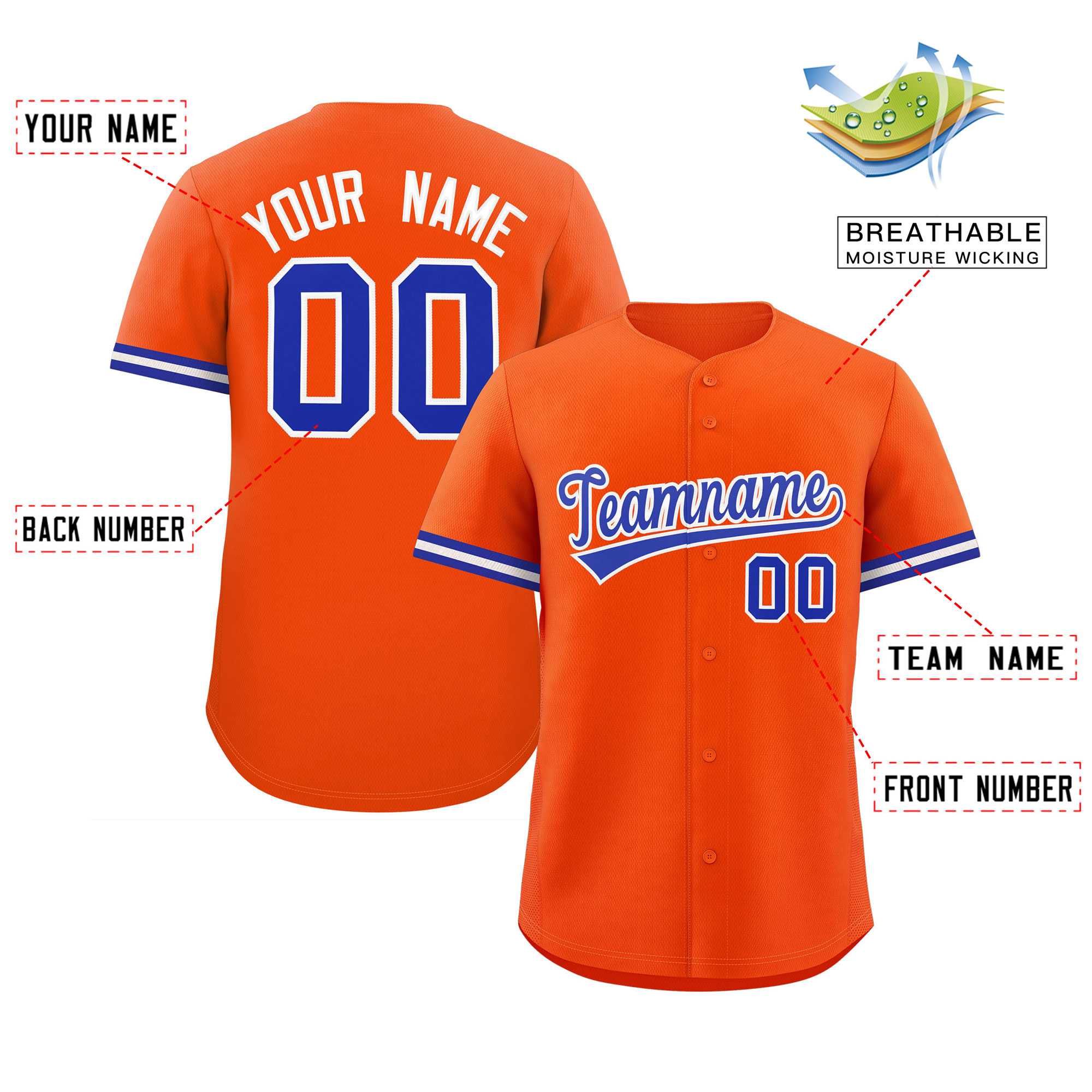 Custom Orange Royal Full Button Design Authentic Baseball Jersey