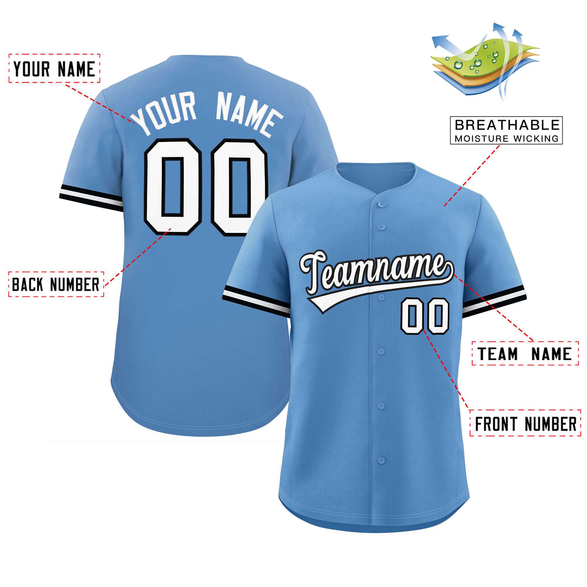 Custom Light Blue White Full Button Design Authentic Baseball Jersey