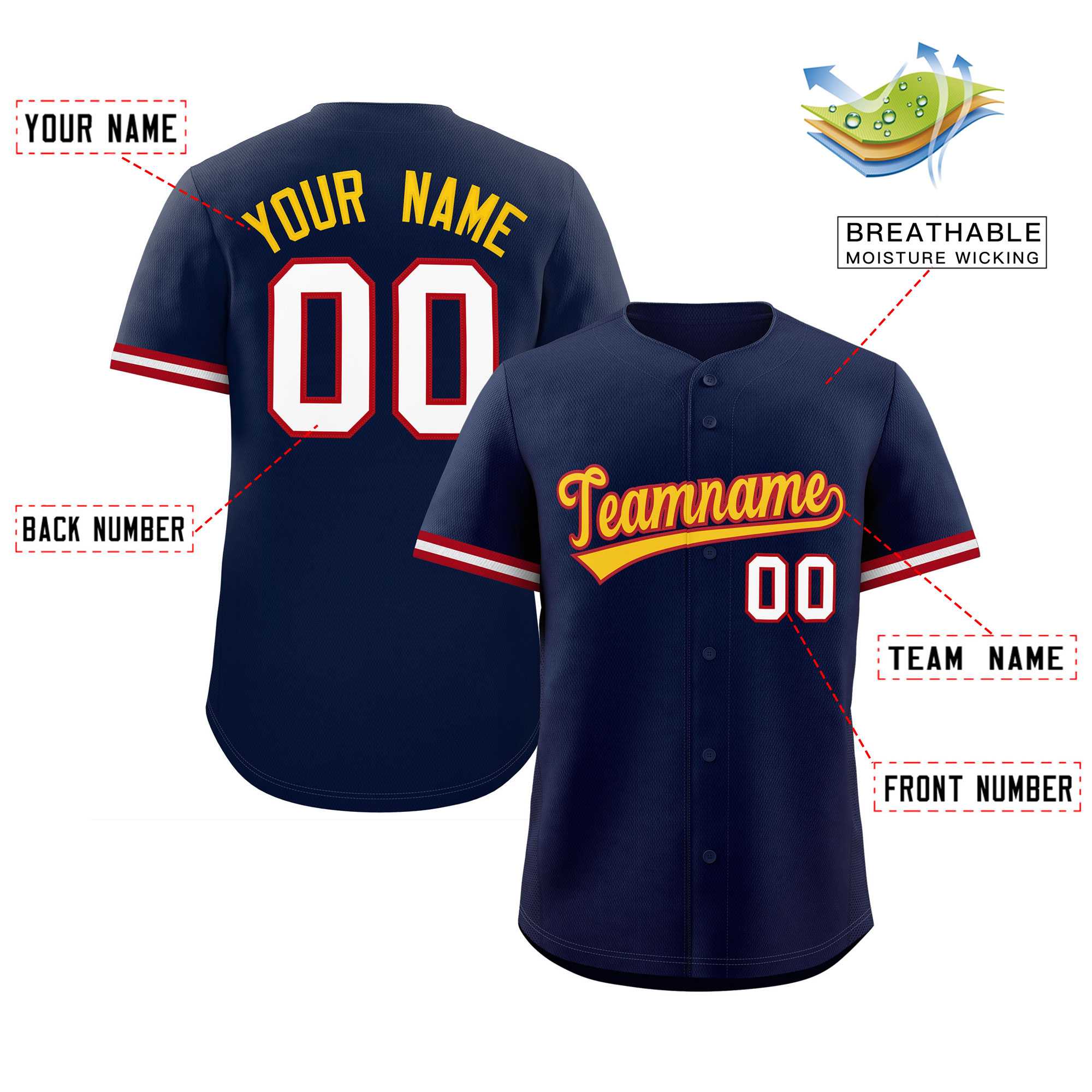 Custom Navy Gold Full Button Design Authentic Baseball Jersey