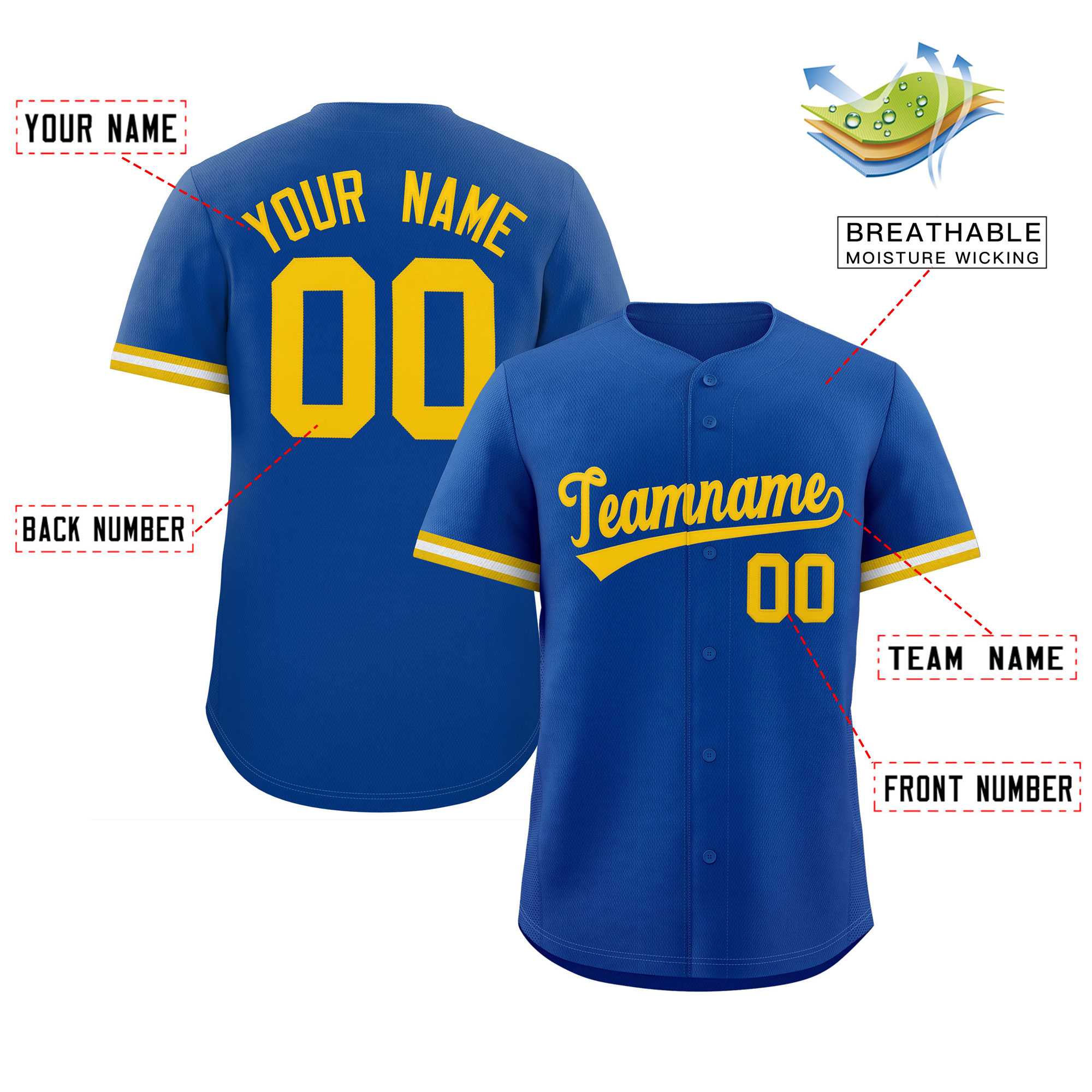 Custom Royal Gold Full Button Design Authentic Baseball Jersey