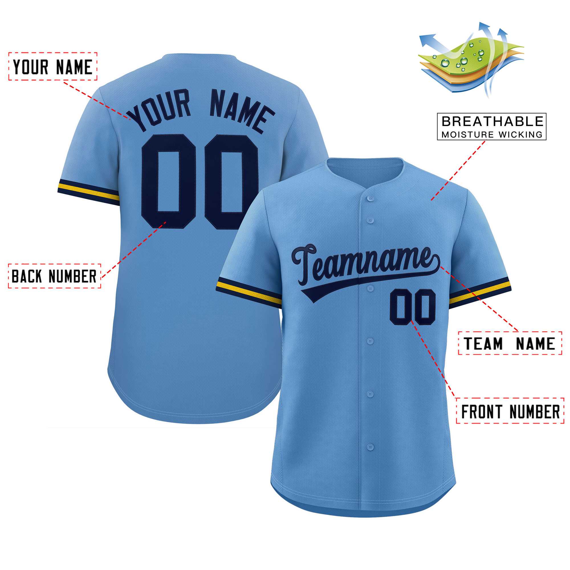 Custom Light Blue Navy Full Button Design Authentic Baseball Jersey