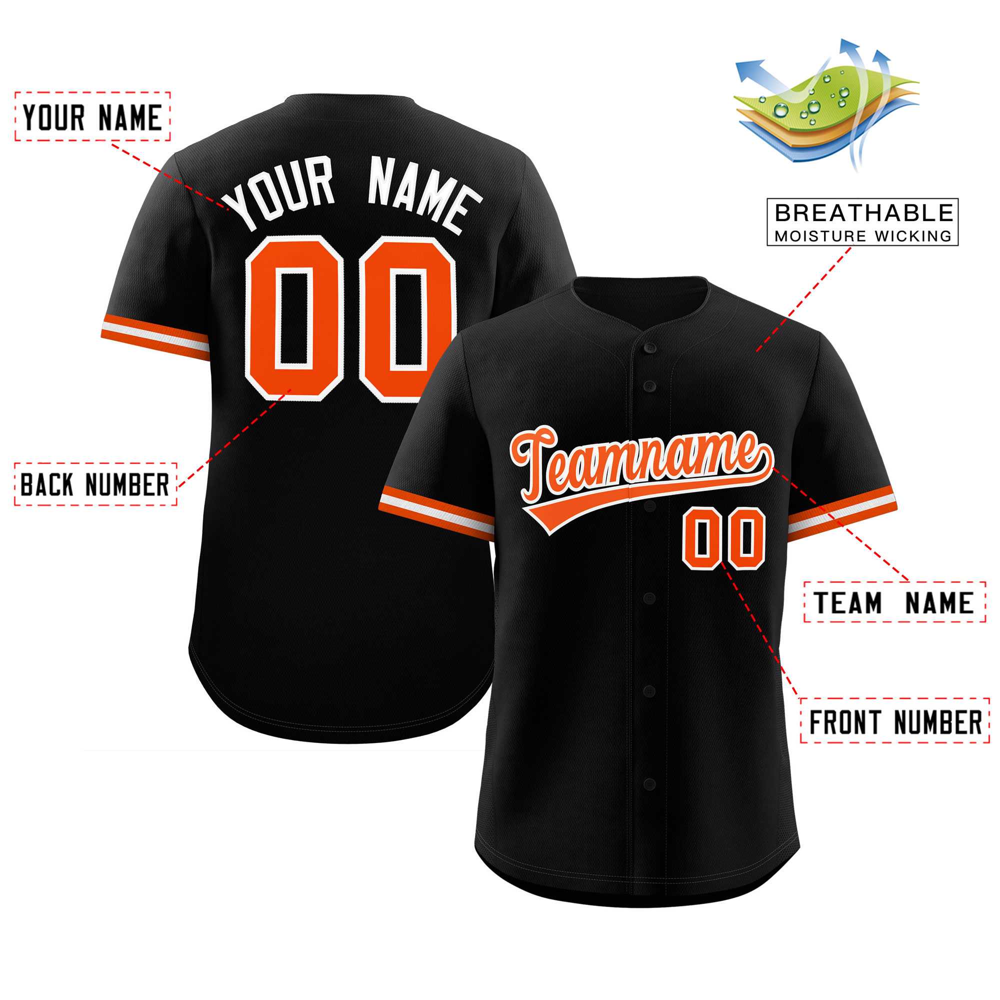 Custom Black Orange Full Button Design Authentic Baseball Jersey