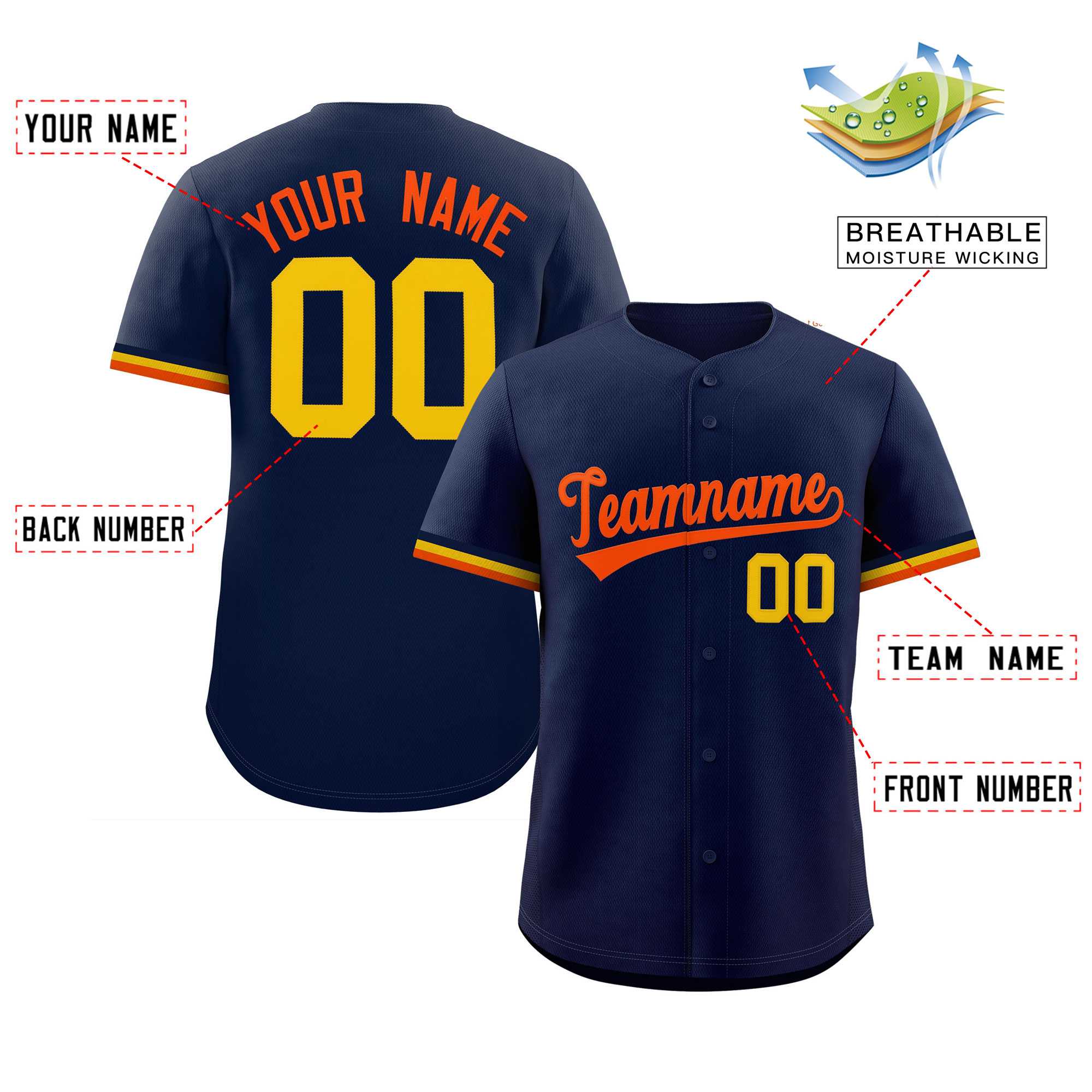 Custom Navy Orange Full Button Design Authentic Baseball Jersey