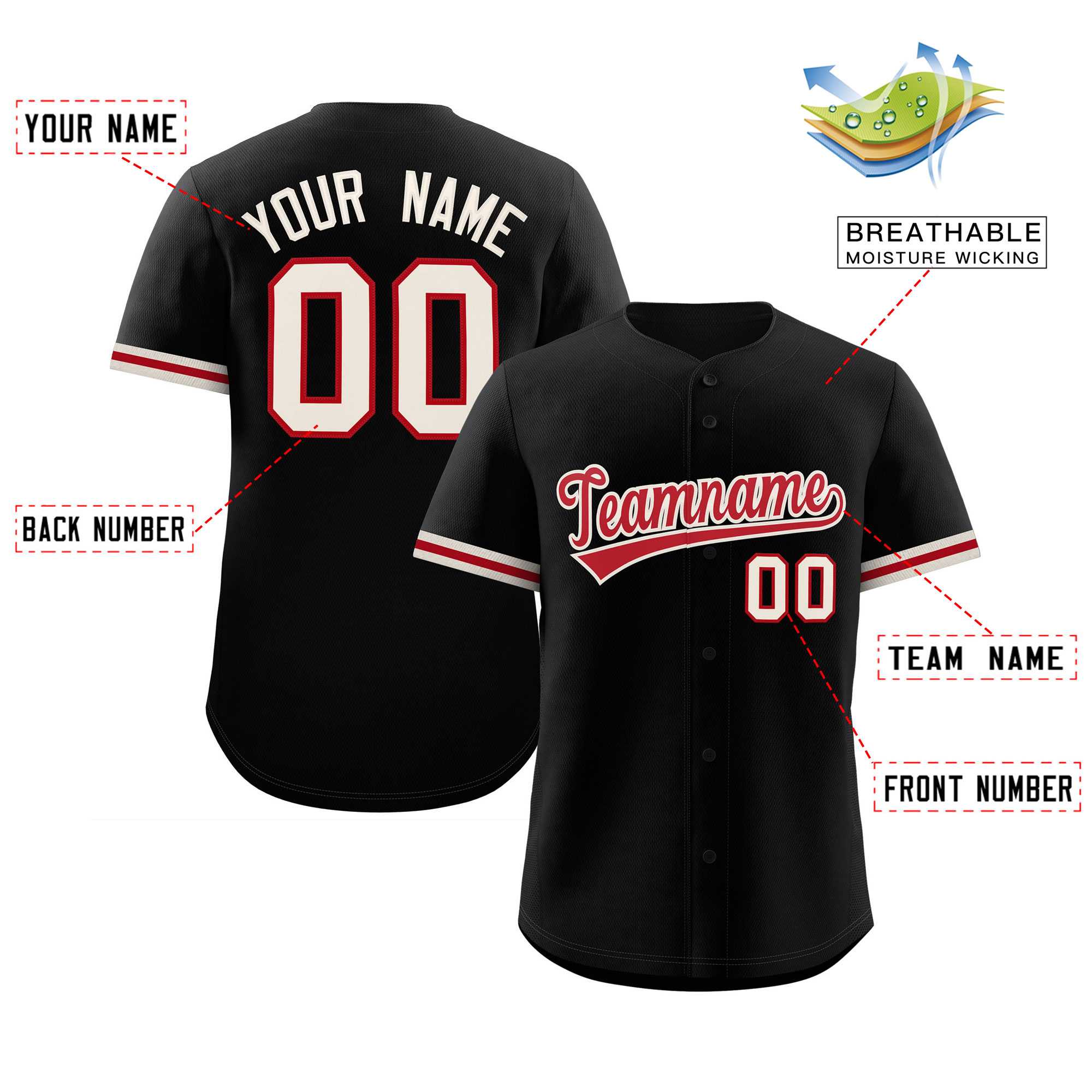 Custom Black Red Full Button Design Authentic Baseball Jersey