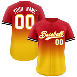 Custom Red Gold Full Button Design Gradient Fashion Authentic Baseball Jersey