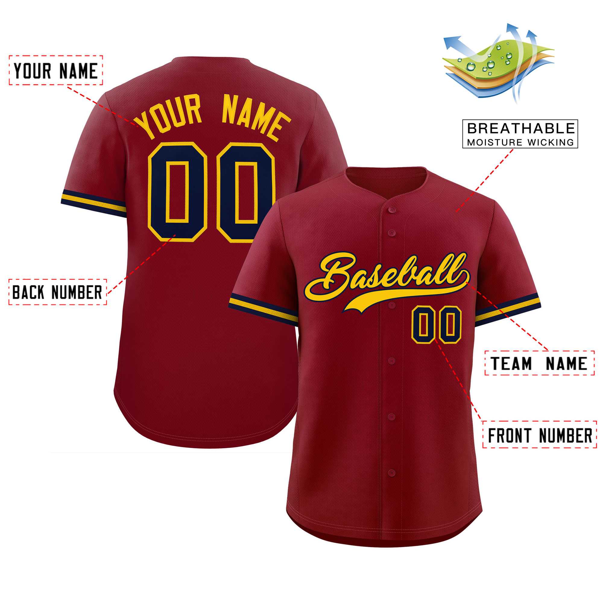 Custom Crimson Gold Full Button Design Authentic Baseball Jersey